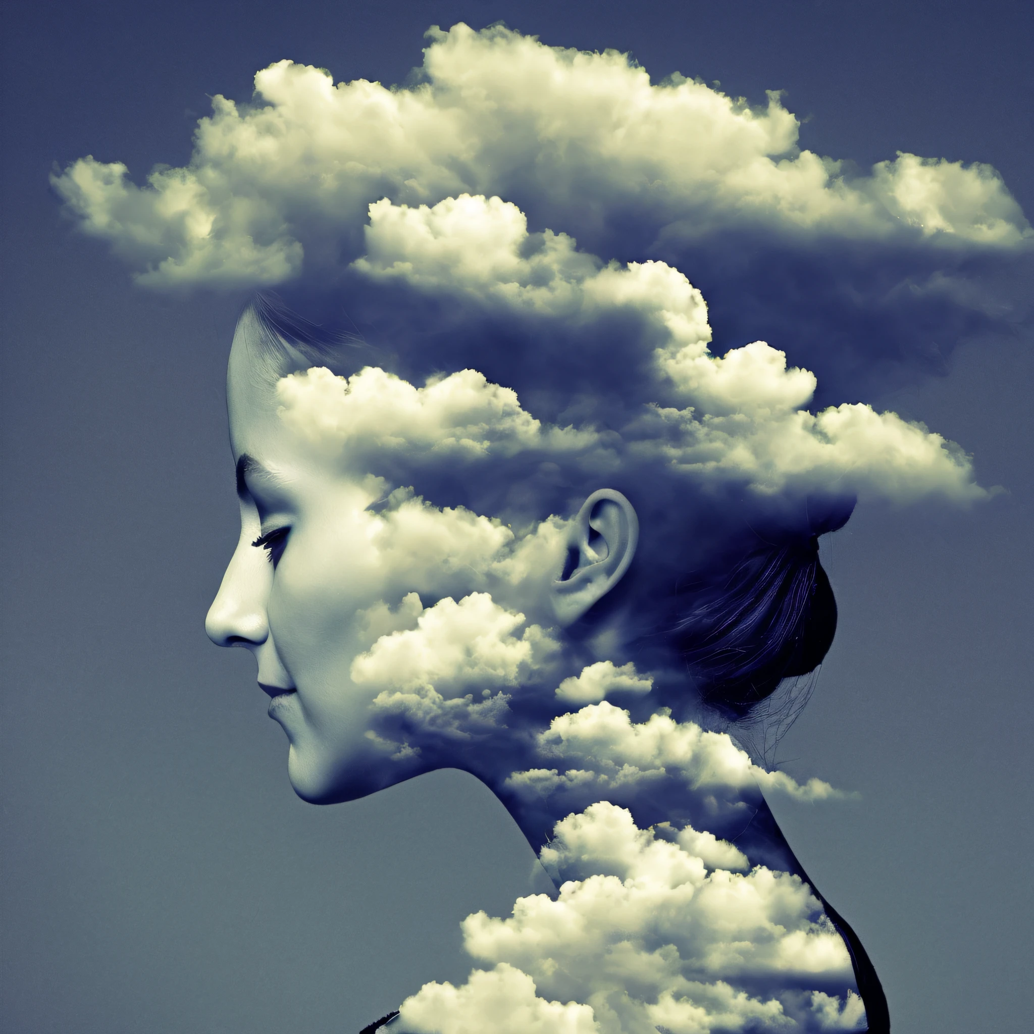 dblxp close-up profile of a woman made out of clouds, pale photo