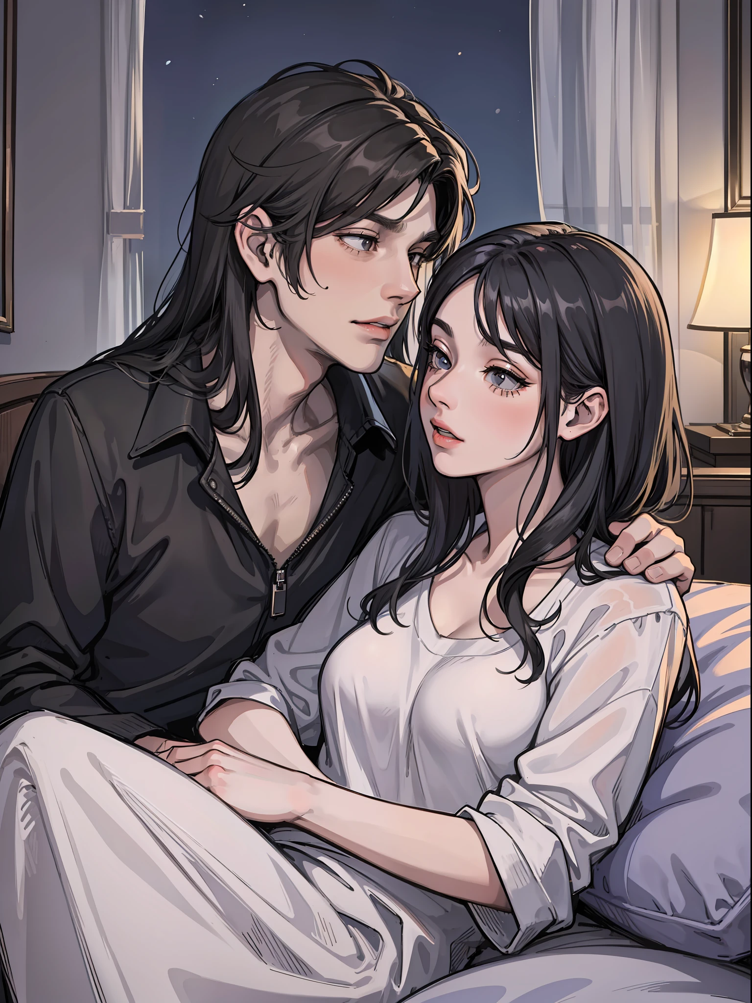 Hotel, at night, man and woman, black haired man, black long-haired woman, side by side in bed