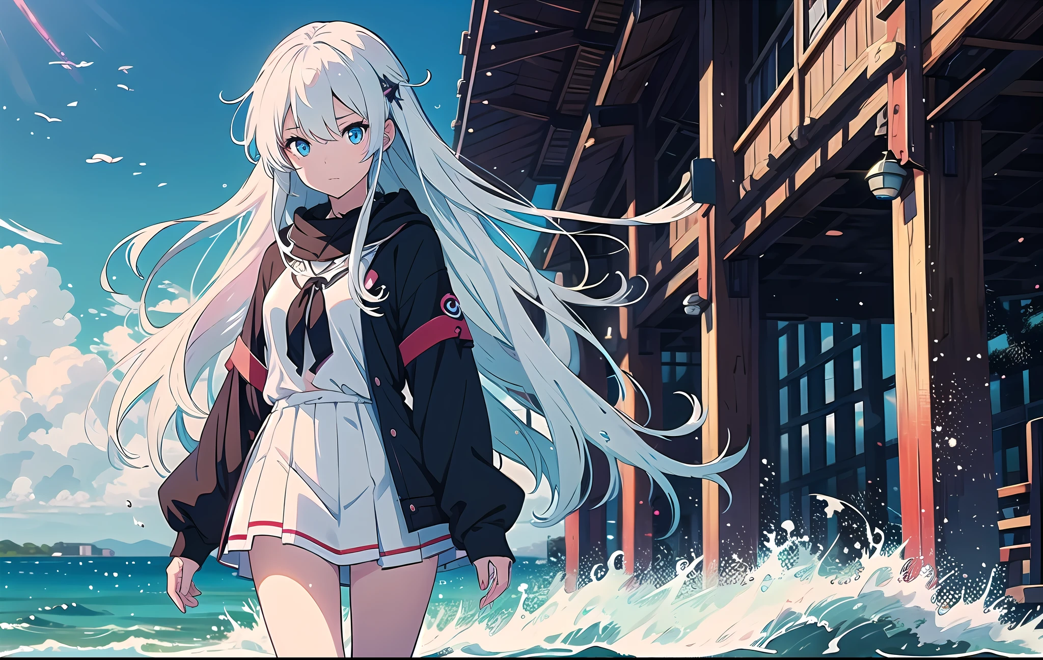 anime girl with long white hair and blue eyes standing in front of a blue sky, anime visual of a cute girl, kantai collection style, girl with white hair, white haired deity, perfect white haired girl, splash art anime loli, high quality anime artstyle, young anime girl, anime moe artstyle, anime style 4 k, from the azur lane videogame