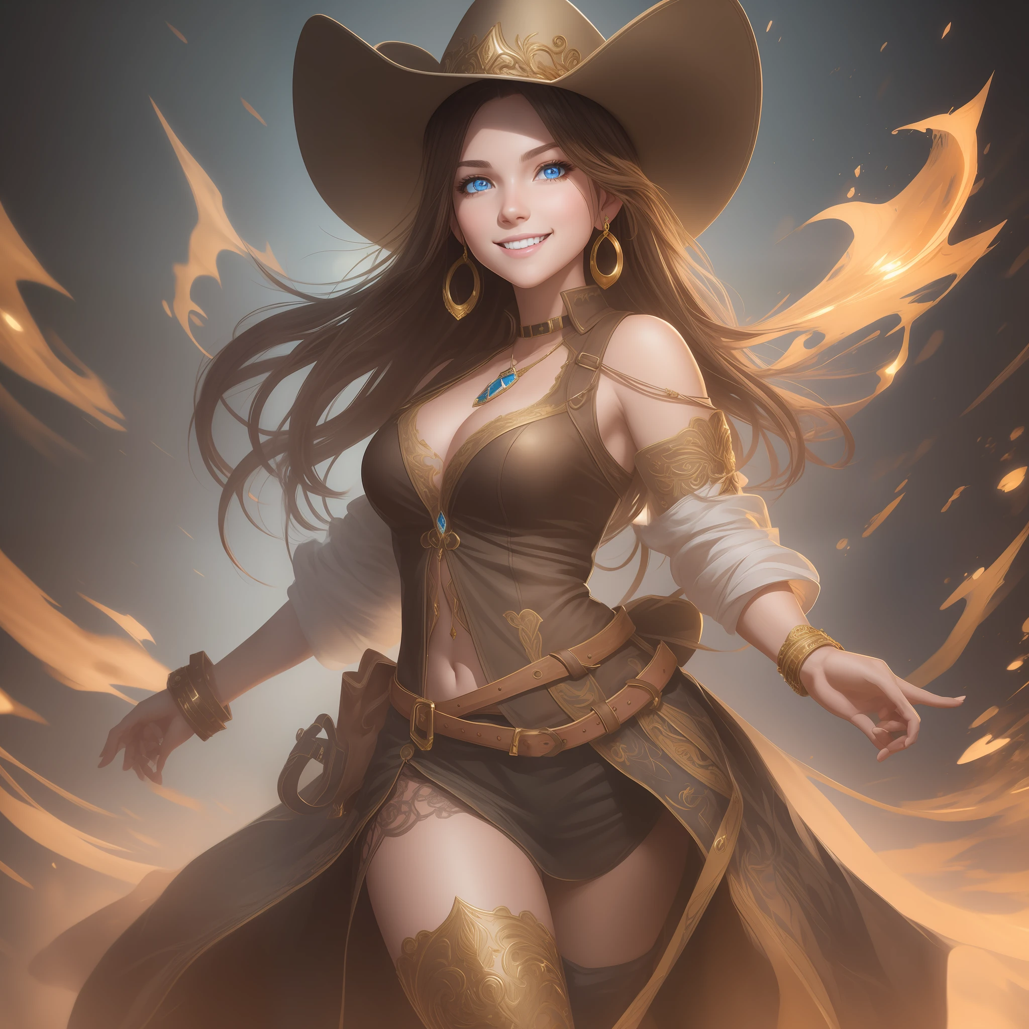 Young cute cowgirl super model, smiling, brown hair, blue eyes, gold earring, full body portrait, concept art, dynamic lighting, hyper detailed. intricately detailed, Splash art, breathtaking, photo realistic, perfect clean face, perfect eyes, sketch color