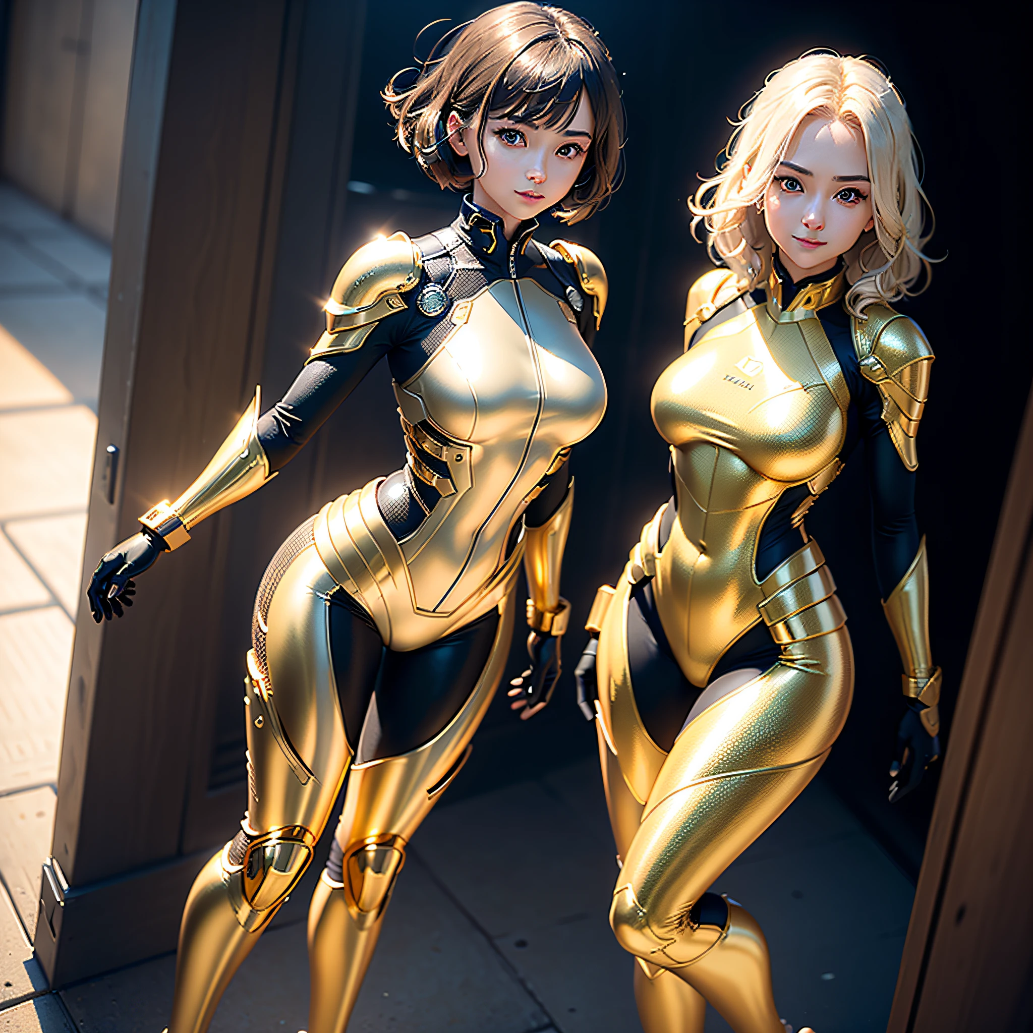 (Masterpiece, highest quality, highest resolution, distinct_image, very elaborate CG, cinematic lighting, ray tracing, drop shadows, detailed detail, (photorealistic: 1.4), high quality textures, fine-grained, realistic face expression): (single girl, face is Japan, girl with golden hair, short hair, small size breasts, Sparkly black color eyes, eye level shots, metallic golden flight suit, tight fit clothes, full body covering clothes, light smile, beauty, slim body, exoskeleton, heroine, headset, long boots, gloves)