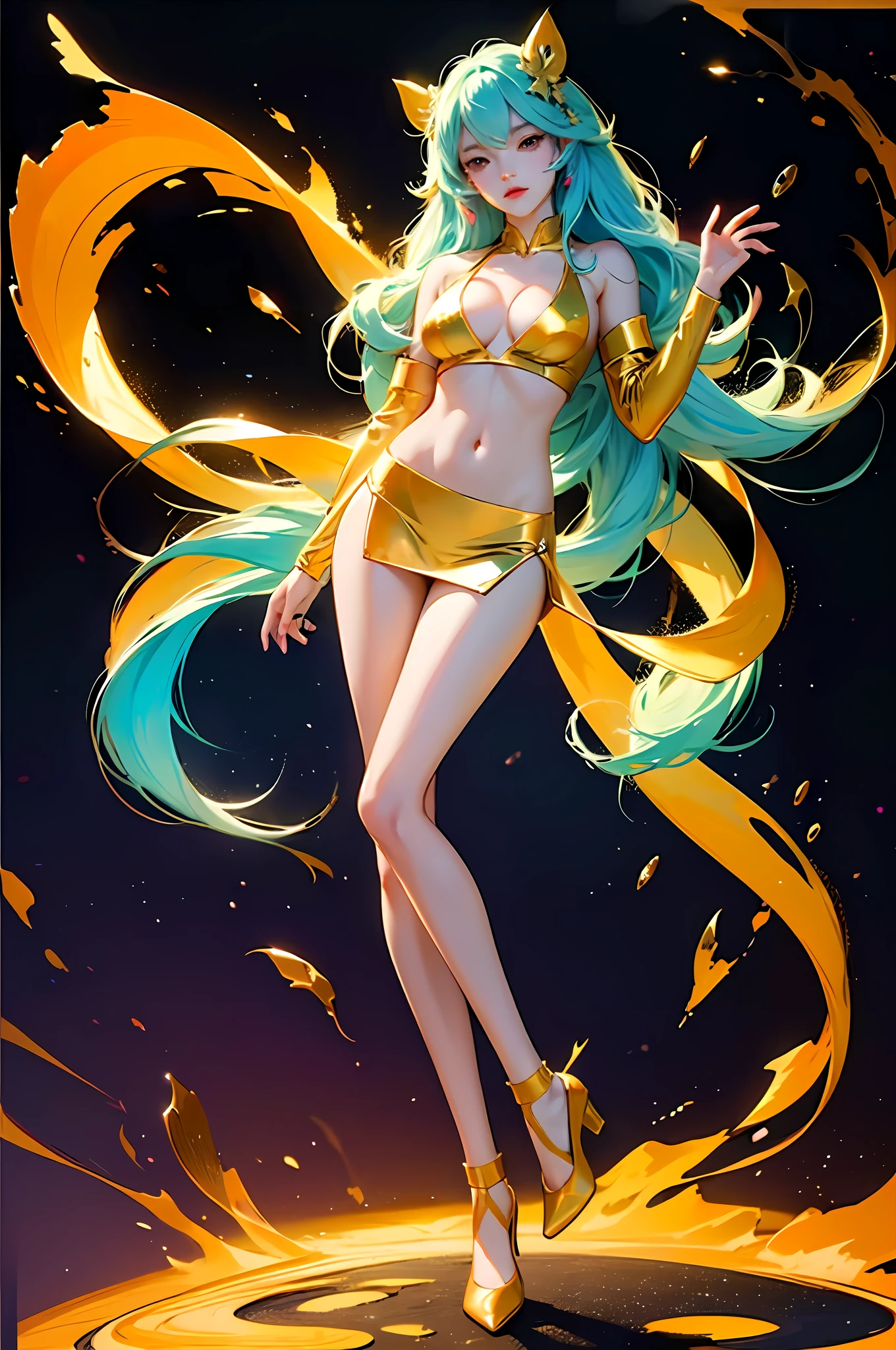 Young Beauty Characters Composed of Paint Splattered Golden Ratio Asian Face Brightly Coloured Long Legs Stockings Exposed Full Body Single Highest Quality Ultra Clear Big Breasts Anime Style Two-dimensional --auto --s2