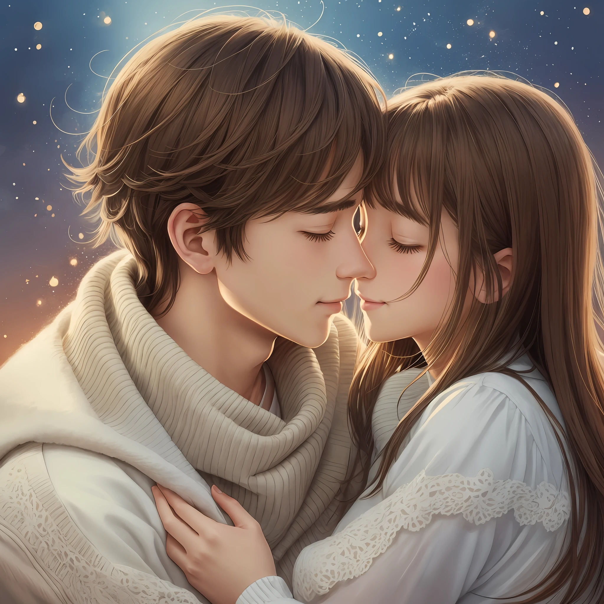 heartwarming illustration depicting a couple in love. The artwork portrays the couple in a tender embrace, capturing their connection and affection. The characters are depicted with expressive gestures and facial expressions, conveying a sense of joy and happiness. The illustration exudes a romantic atmosphere, evoking feelings of love and companionship. The artwork is created with soft colors and gentle brushstrokes, adding a touch of warmth and intimacy to the scene. Illustration, created with a soft and romantic art style --auto --s2