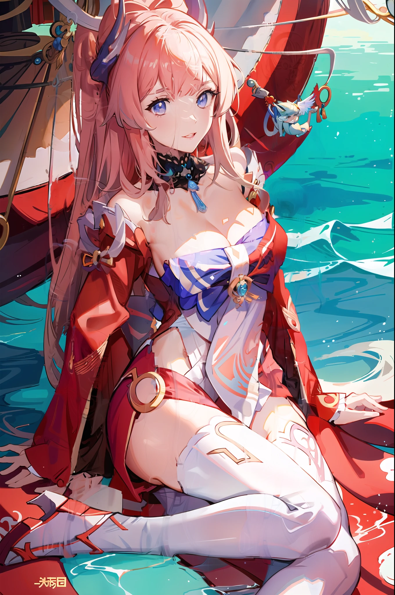 anime girl in a red and gold outfit sitting on a boat, extremely detailed artgerm, anime goddess, beautiful alluring anime woman, trending on cgstation, ! dream artgerm, onmyoji, onmyoji detailed art, fanart best artstation, queen of the sea mu yanling, artwork in the style of guweiz, smooth anime cg art --auto --s2