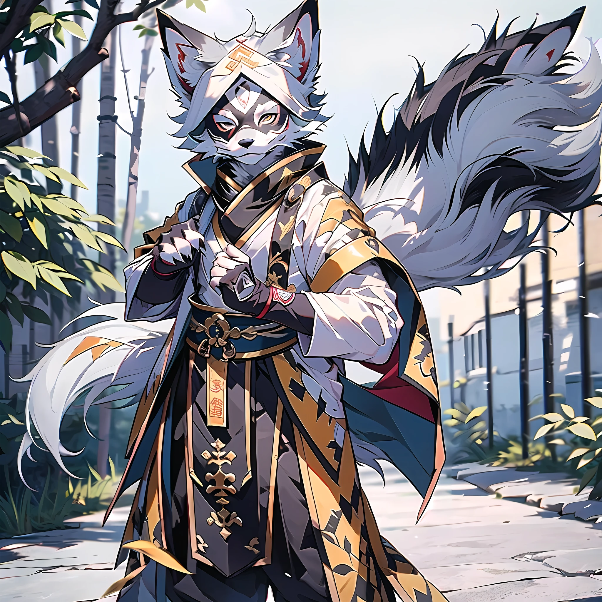 (Best Quality), (Masterpiece), ((Single))), (Ultra Detailed), (Furry), Full Body Furry, Furry, (Male Arctic Fox: 1.5), (Gray Skin: 1.3), (Gray Fur: 1.3), Character Focus, (Golden Eyes), ((Canine Paws)), ((Detailed People)), (Gray Ears), Sharp Focus, (Furry Feeling of Animal Ears), Chinese Wuxia, ((Wuxia)), ((Chinese Style)), Chinese Wuxia Attire, ((veil)), ((masked))