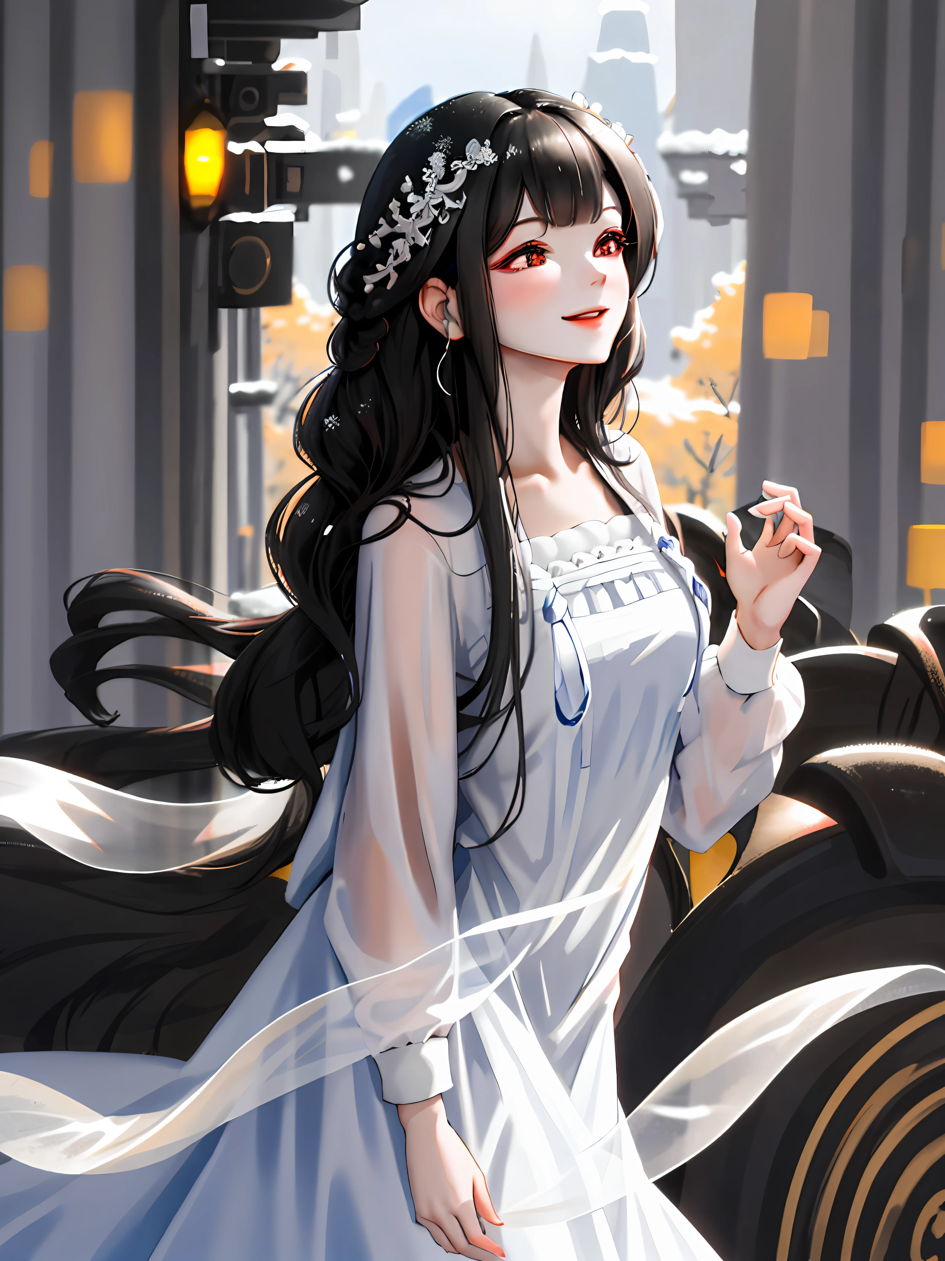A beautiful  woman, wearing a beautiful dress, upper body, long black hair, (smile: 1.1), (eyes open: 0.2), strong light, background bokeh, depth of field, snow-white skin, blurred background, light particles, strong wind, (heart particles: 1.1), complete body structure,