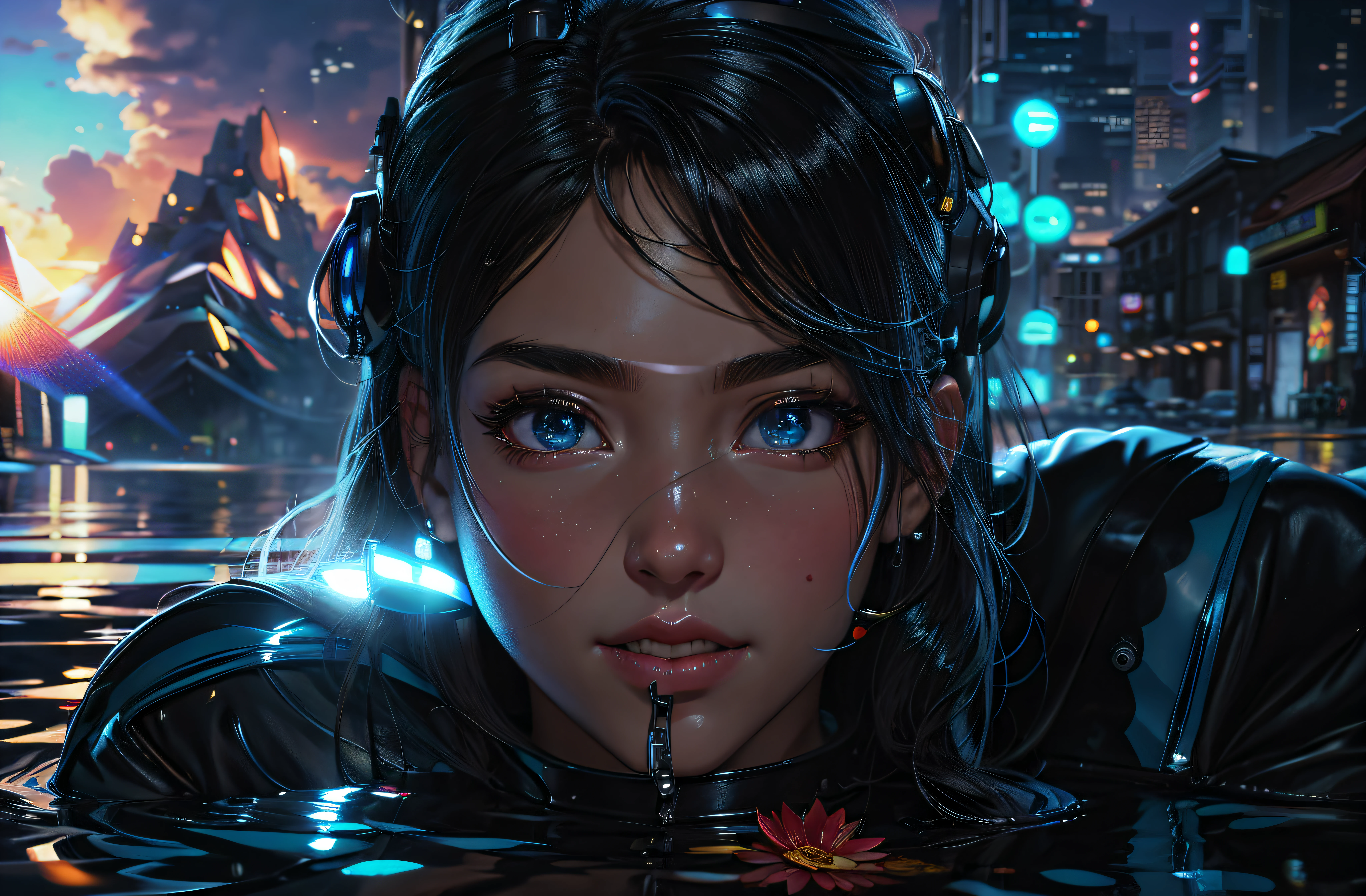 masterpiece, best quality, half body, portrait, night city, 1girl, anime, 3D, Japan, pixar, realistic, girl, smiling, cute face, harajuku fashion style, rain coat, beautiful, colourful, neon lights, cyberpunk, smooth skin, illustration, artstation, painting by stanley artgerm lau, sideways glance, foreshortening, extremely detailed 8K, smooth, high resolution, ultra quality, highly detail eyes, highly detail mouth, highly detailed face, perfect eyes, both eyes are the same, true light, glare, Iridescent, Global illumination, real hair movement, real light, real shadow, real face, hd, 2k, 4k, 8k, 16k, realistic light, realistic shadow, bright Eyes, fluorescent eyes, soft light, dream light