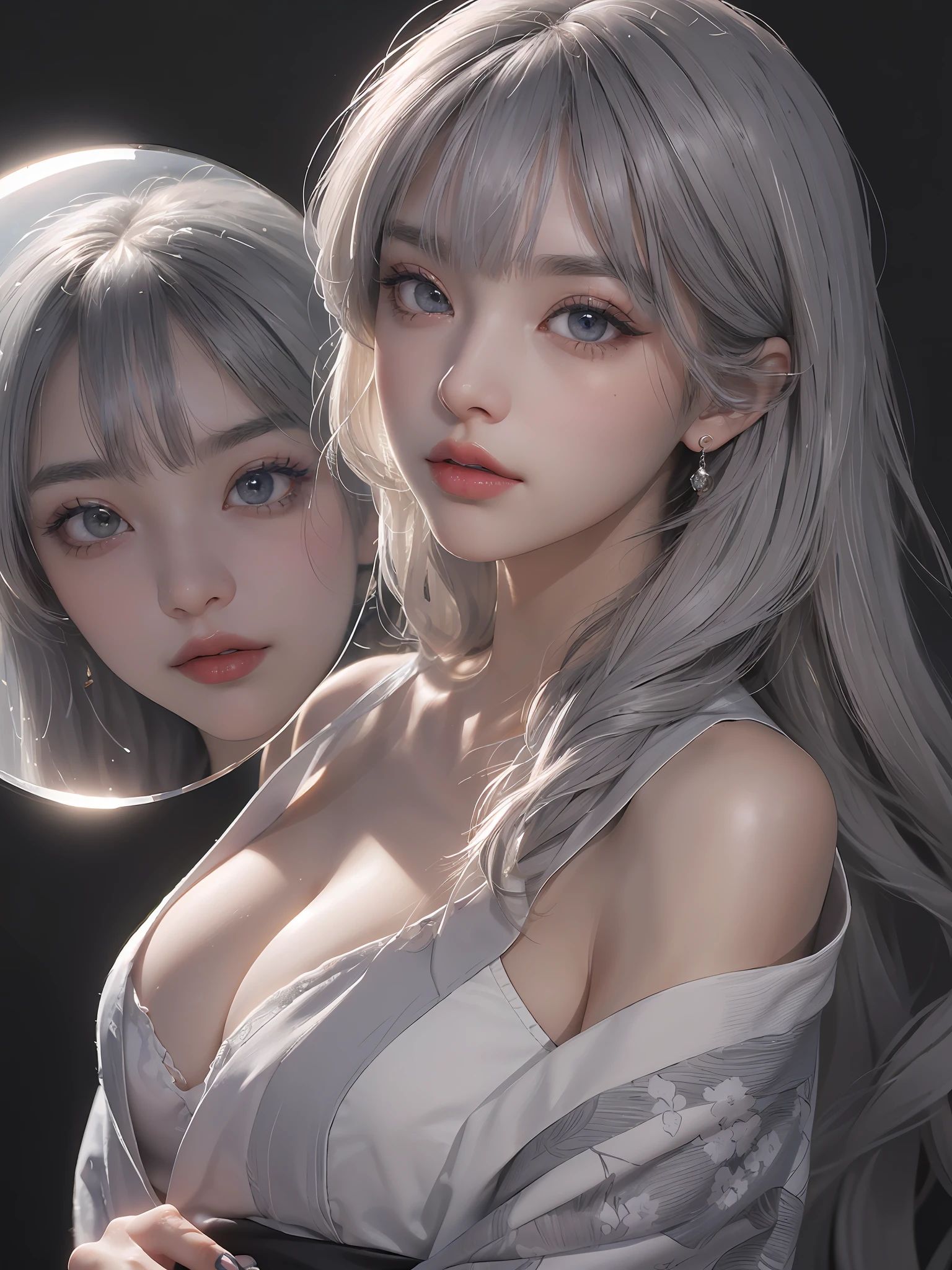 Classic, (Impasto), (Photorealistic: 1.3), (Painting), (Realistic: 1.3), (Sketch), Portrait, World Masterpiece Theater, 1 Inflatable Doll, (((long gray hair, black eyes, wide eyes, bangs, long eyelashes, lipstick: 1.3, most detailed)), (Bright eyes, eye reflection, blush: 2.5), ((Skin oil: 1.5, young skin: 1.8, Skin Reflection: 1.6, Gloss: 1.5))), (Printed Kimono, Exposed Cleavage, Exposed Shoulders, Side Shot, Upper Body Close-Up, Look Into Camera), ((Medium Chest): 1.2, Thigh Exposed), Solo Focus, Space Background, Background Blur