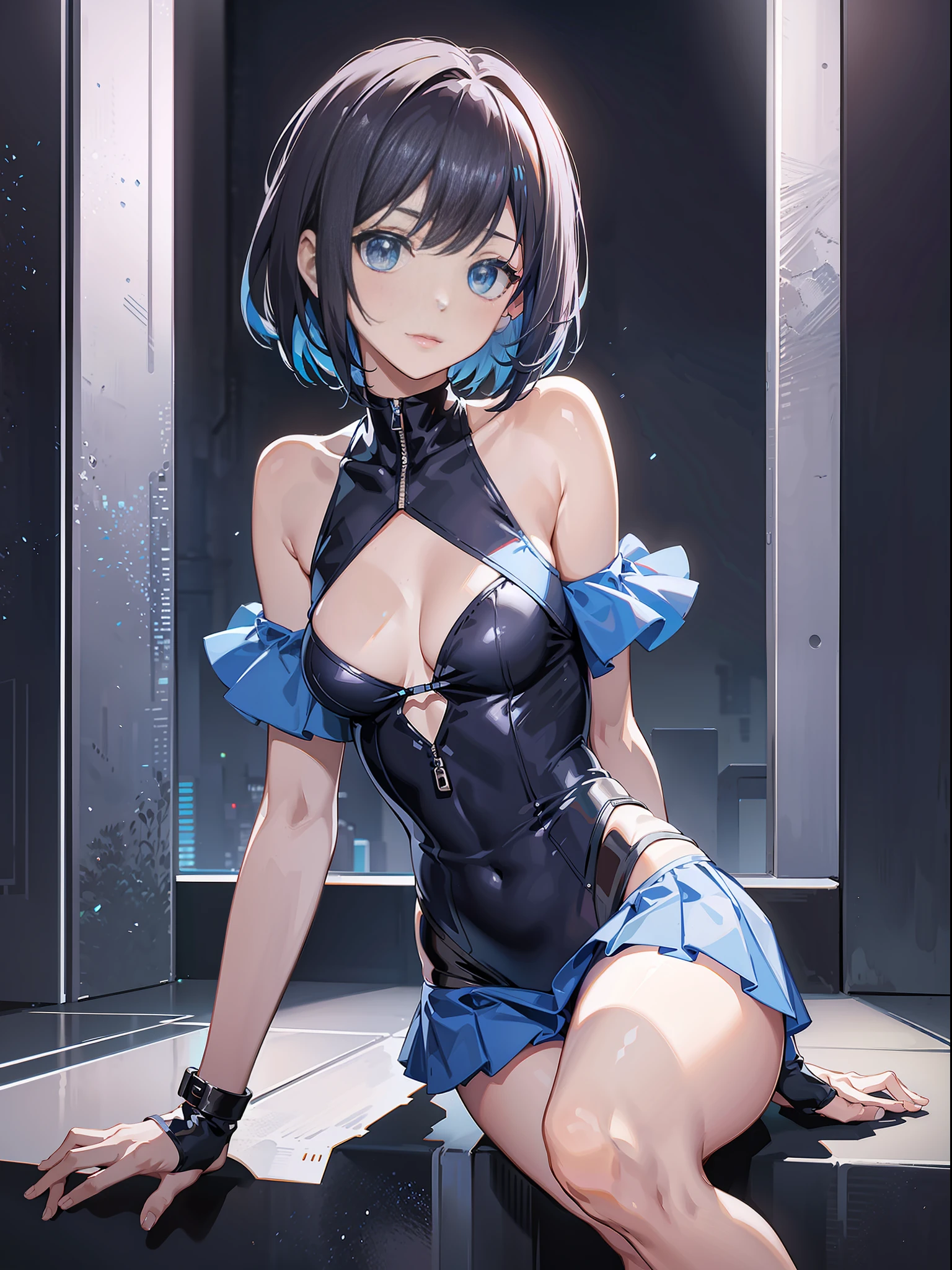 Slender beautiful girl, futuristic blue swimsuit, high resolution, top quality, super detail, fine details, no blush, knee-high, ruffles, skirt, small breasts, short hair