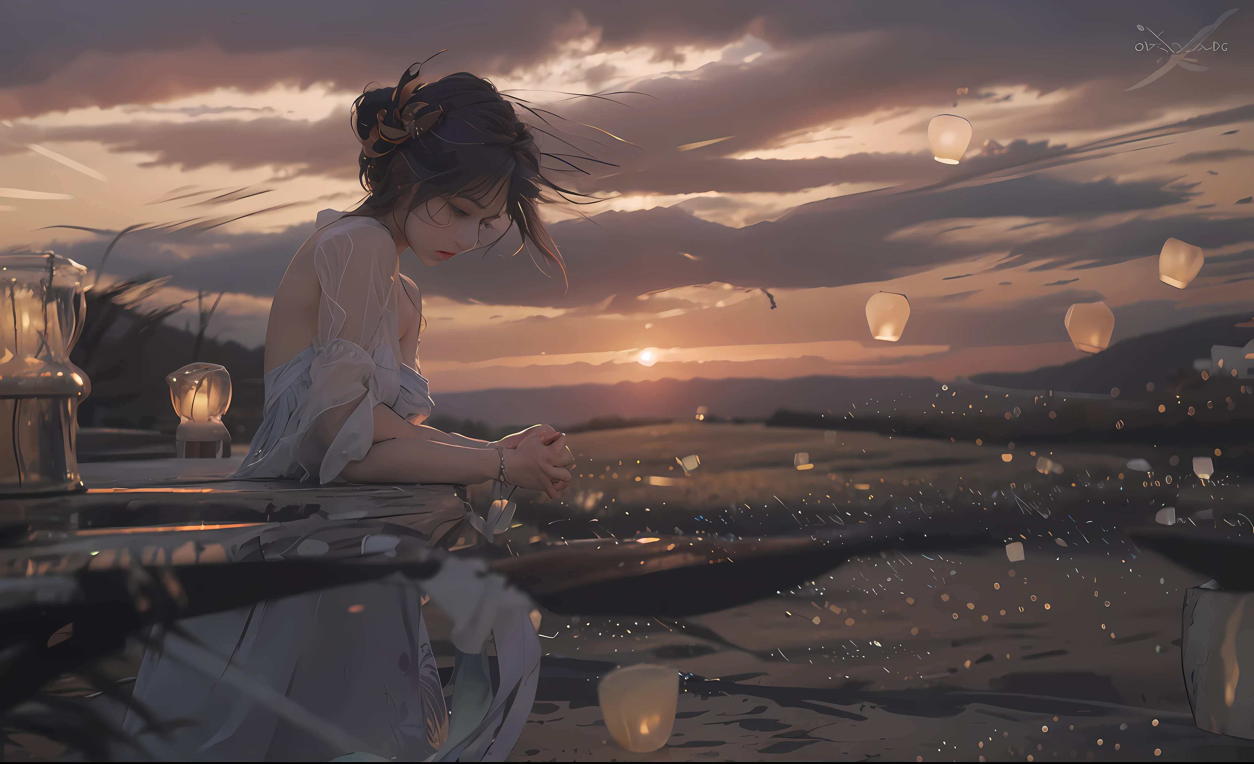 (RAW photo, best picture quality), (realism, realism: 1.3), best picture quality, high detail, masterpiece, hyper detail, illustration, girl, upper body, messy long hair, best picture quality, extremely detailed CG uniform 8k, sunset, sunset,