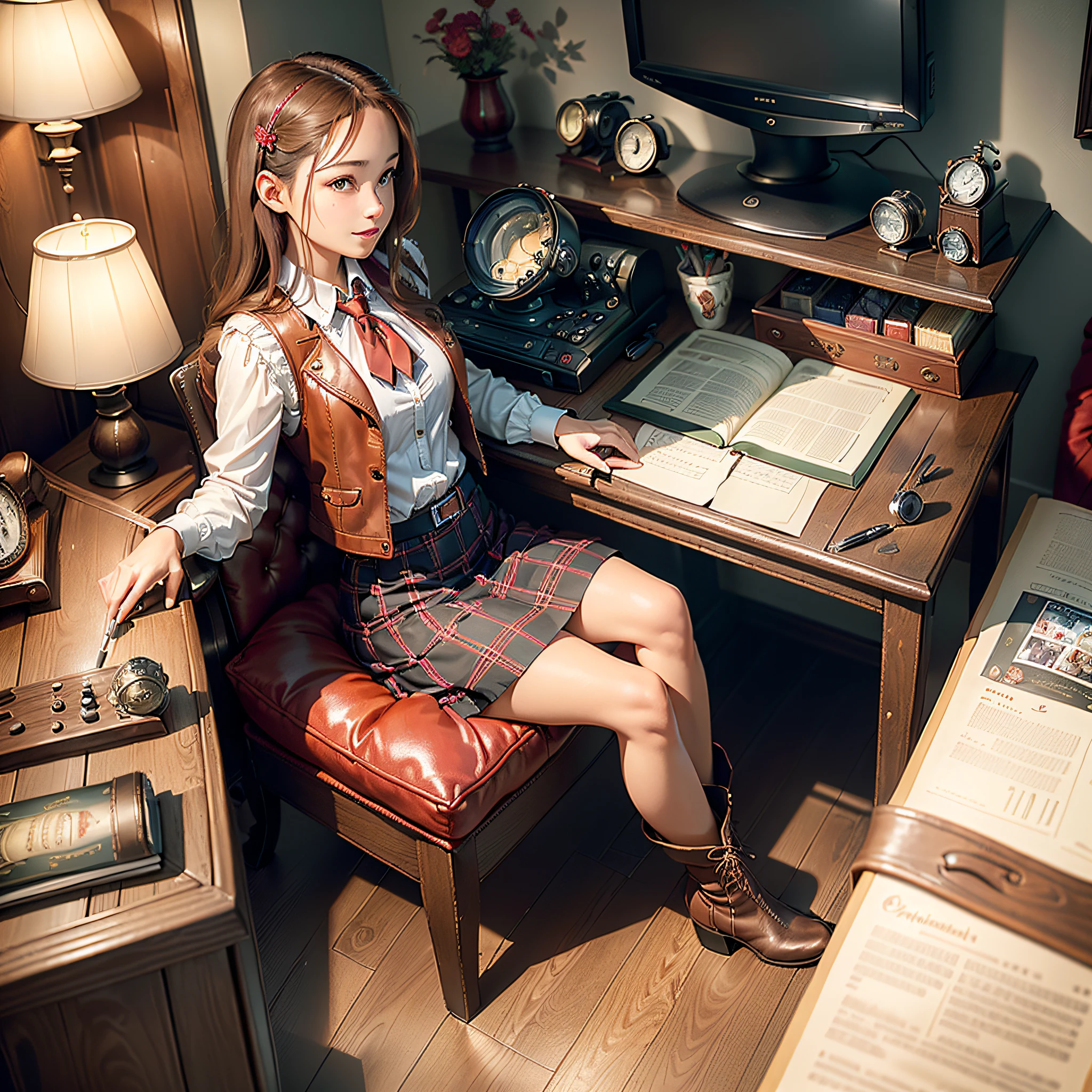(Masterpiece, Best Quality, Best Resolution, distinct_image, Very Elaborate CG, Cinematic Lighting, Ray Tracing, Drop Shadows, Detailed Detail, (Photorealistic: 1.4), High Quality Textures, Detailed, Realistic Face Expression): (Girl Alone, Face Japan People, (Crimson Long Hair: 1.2), Small Size Breasts, Sparkly red eyes, eye level shots, happy smile, beauty, slim body, holiday, own room, console games, computer, display, keyboard, mouse, red checked skirt, white shirt with collar, leather vest, cardian, handgun holder, leather bag on back, long boots, antique radio, coffee, Model Train, Bookcase, Wooden Chair, Pot, Fan, Painting, Stuffed Animal, Tie, Notebook, Stationery, Vase, Photo Frame, Letter, Fountain Pen, Calendar, Lamp, Cushion, Basket, Profile Mirror, Candle, Newspaper, Sweets, Park View Outside the Window, Telephone, Fruit, Telescope, Retro TV)