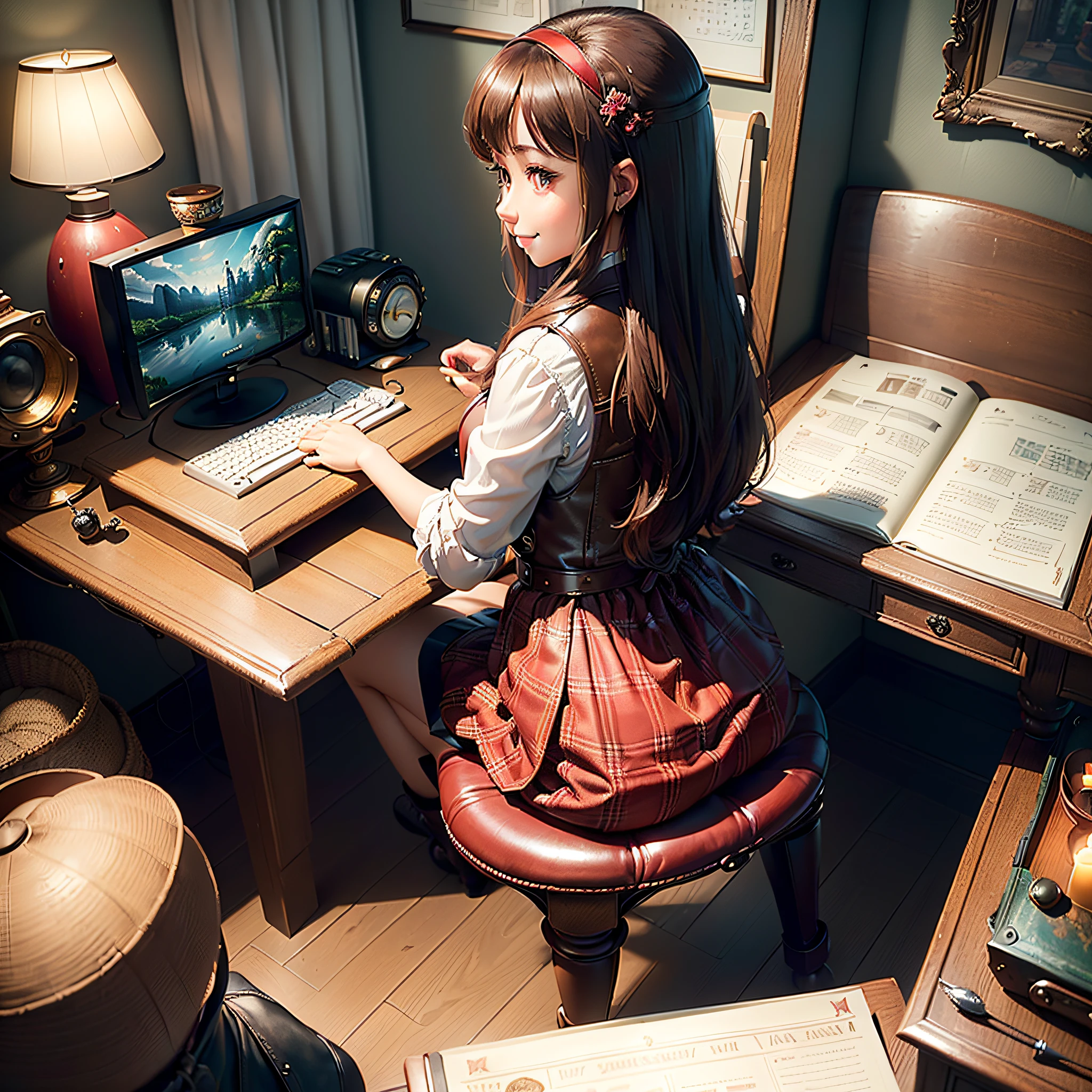 (Masterpiece, Best Quality, Best Resolution, distinct_image, Very Elaborate CG, Cinematic Lighting, Ray Tracing, Drop Shadows, Detailed Detail, (Photorealistic: 1.4), High Quality Textures, Detailed, Realistic Face Expression): (Girl Alone, Face Japan People, (Crimson Long Hair: 1.2), Small Size Breasts, Sparkly red eyes, eye level shots, happy smile, beauty, slim body, holiday, own room, console games, computer, display, keyboard, mouse, red checked skirt, white shirt with collar, leather vest, cardian, handgun holder, leather bag on back, long boots, antique radio, coffee, Model Train, Bookcase, Wooden Chair, Pot, Fan, Painting, Stuffed Animal, Tie, Notebook, Stationery, Vase, Photo Frame, Letter, Fountain Pen, Calendar, Lamp, Cushion, Basket, Profile Mirror, Candle, Newspaper, Sweets, Park View Outside the Window, Telephone, Fruit, Telescope, Retro TV)