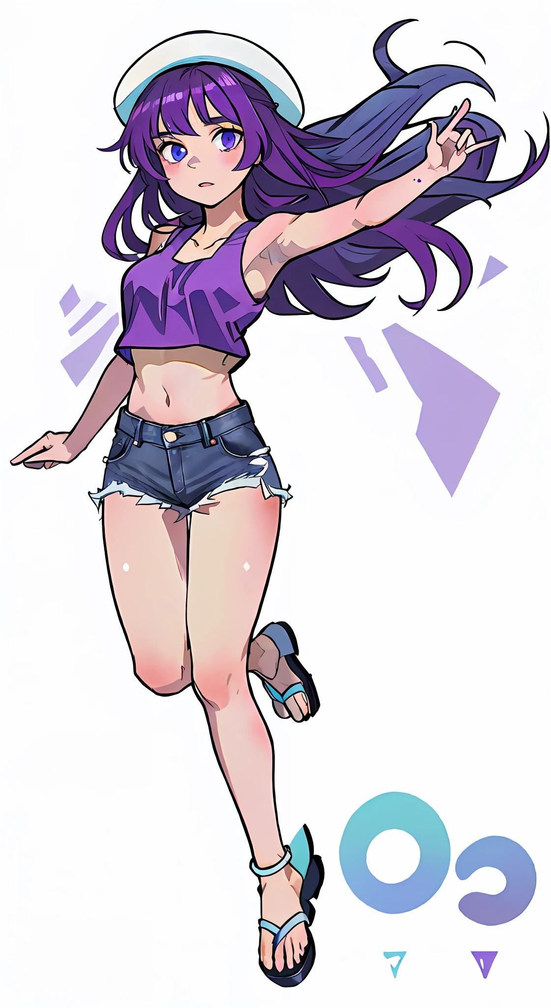 Super high resolution, a  girl, shoulder-length dark purple long hair, lost expression, upper body wearing purple crop top vest, exposed armpits, super short blue jeans on legs, beautiful bare legs, leg highlight, anime style, full body shot, white background, white hat, white sandals, bare feet