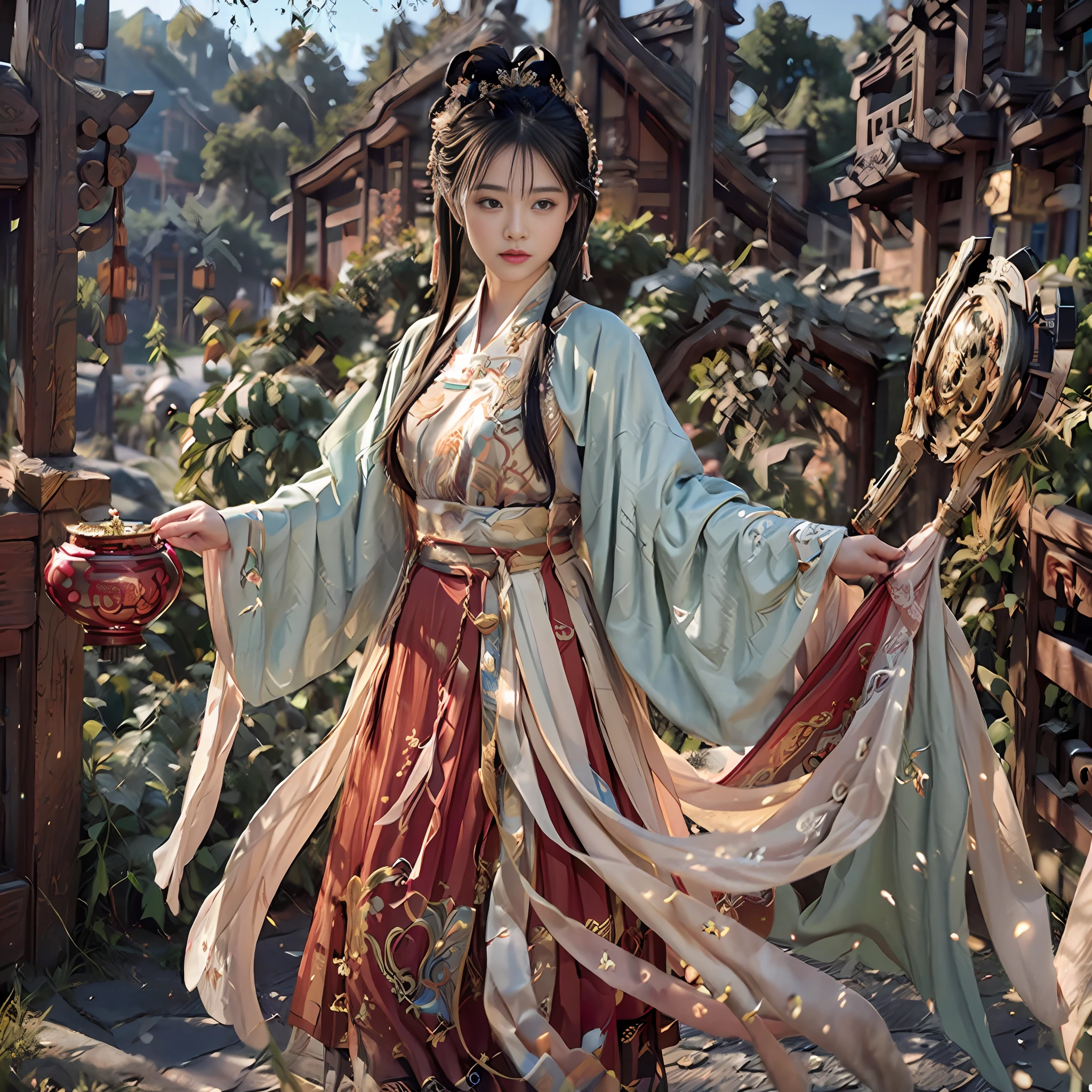 (RAW Photo, Best Quality), (Realistic, Photorealistic Real: 1.3), Best Quality, Highly Detailed, Masterpiece, Intricate Detail, Ultra Detailed, Illustration, 1 Girl, Best Quality, Extremely Detailed CG Unified 8k Wallpaper, Amazing, Movie Lighting, Modern, Ancient Chinese Architecture, Xiuxian, Outdoor, Beautiful View, (Solo: 1.5)