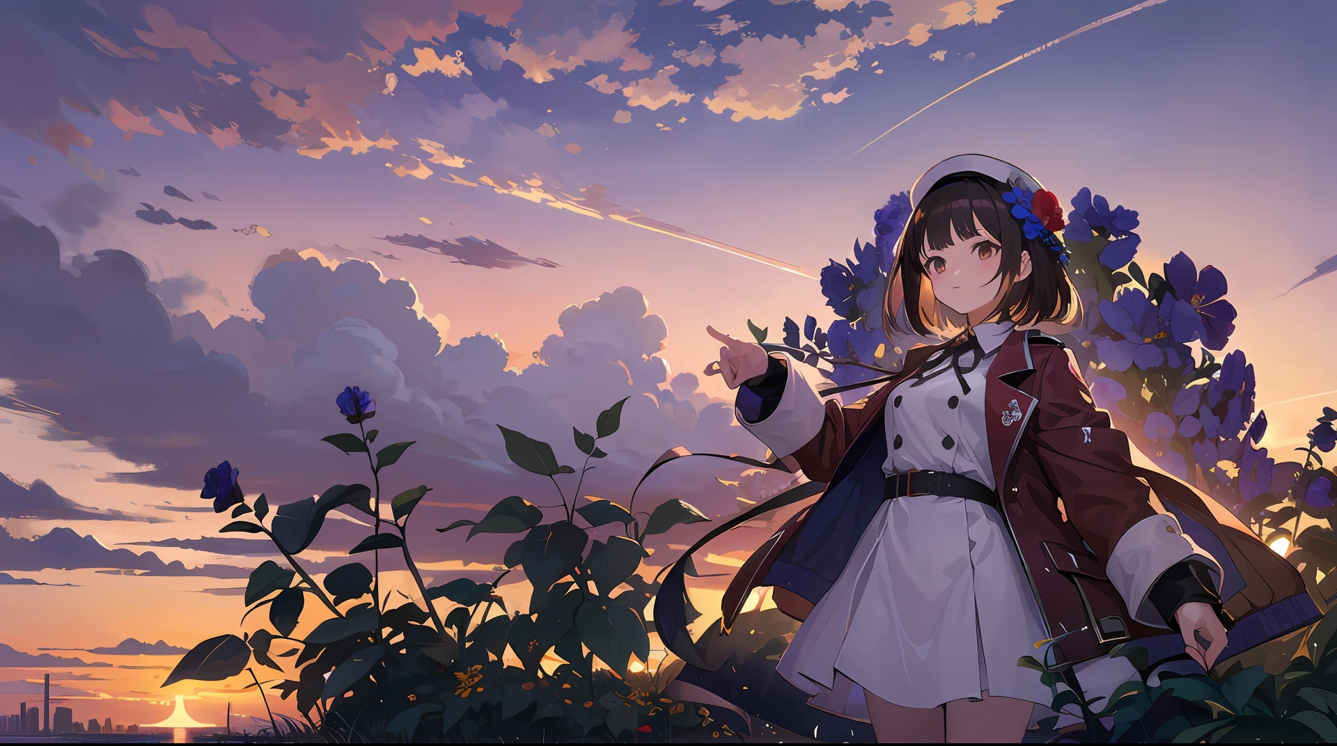 flower, orange_sky, red_sky, sunset, cloud, gradient_sky, twilight, scenery, dusk, sky, city, cityscape, red_flower, sun, purple_sky, building, cloudy_sky, (flower_field:1.1), outdoors, rose, hibiscus, yellow_sky, red_rose, tree, horizon, Lavender, UHD, retina, masterpiece, super detail, high details, high quality, award winning, best quality, highres, 8k, (sea of flowers:1.1), (colorful flower:1.1), blue flower, yellow flower, purple flower, color banding,
(flower wreath:1.1), (holding flower:1.1), polychromatic flowers, kaleidoscopic, 1girl, katou megumi, ph_katou, katouhdlong, katouhd, solo, dress, brown hair, bangs, holding, short hair, jacket, open jacket, white headwear, brown eyes, open clothes, blush, white dress, red jacket, ribbon, long sleeves, bow, neck ribbon, breasts, black ribbon, buttons, medium breasts, short dress, wing collar, manka, church,