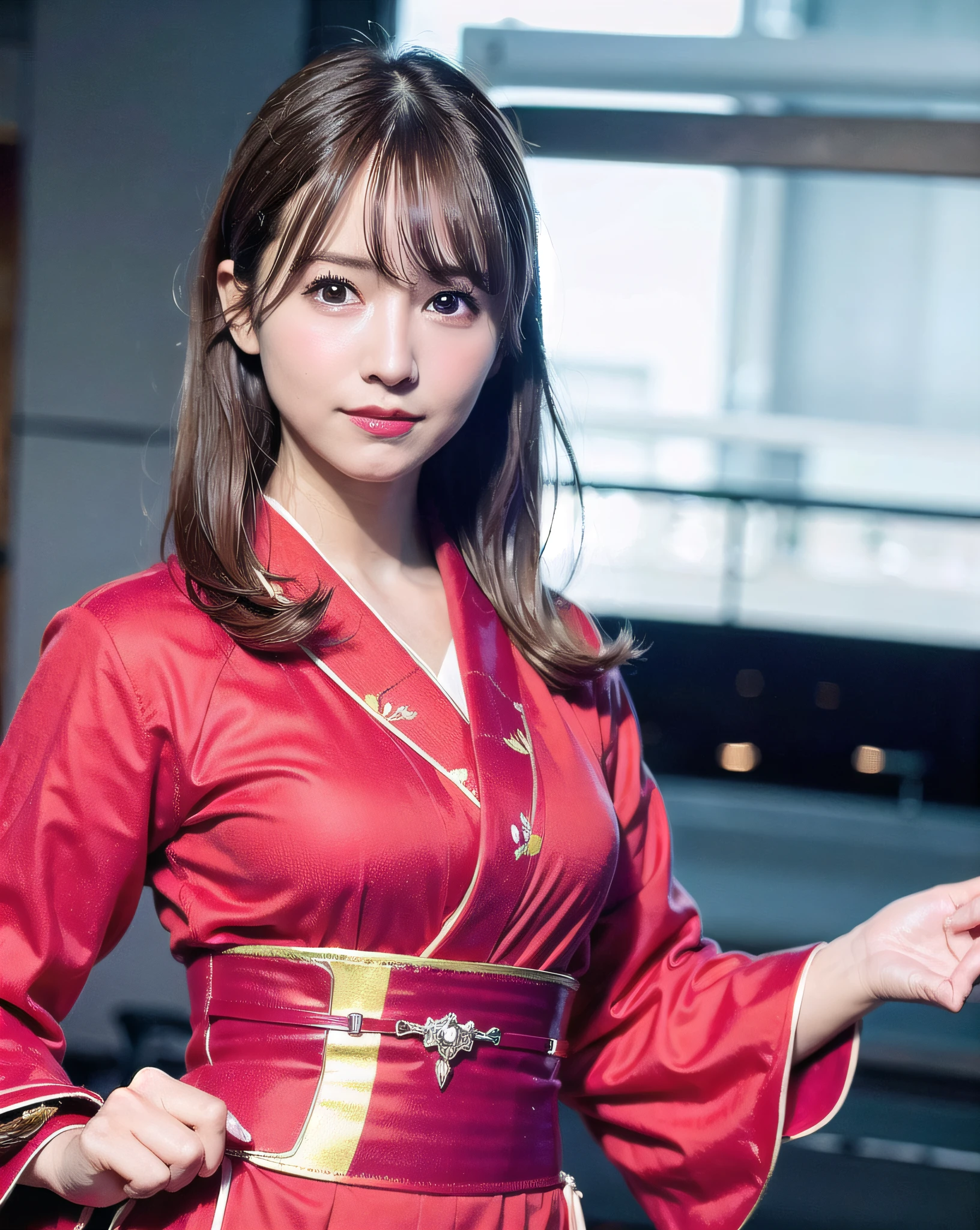 best quality, photorealistic, 8k, high res, 1girl, woman, (skindentation), (professional lighting), (portrait:0.6), (red kimono dress:2), gorgeous, ((black hair)), (medium hair:1.4), (floating hair:1.6), (1girl eyes looking at viewer:1.5), ((looking at viewer:1.6)), (looking at the camera), photorealistic, (bokeh), (portait:0.6), (dynamic pose:1.2), masterpiece, intricate, realistic, sharp focus, award-winning photograph, sfw, (smile:1),