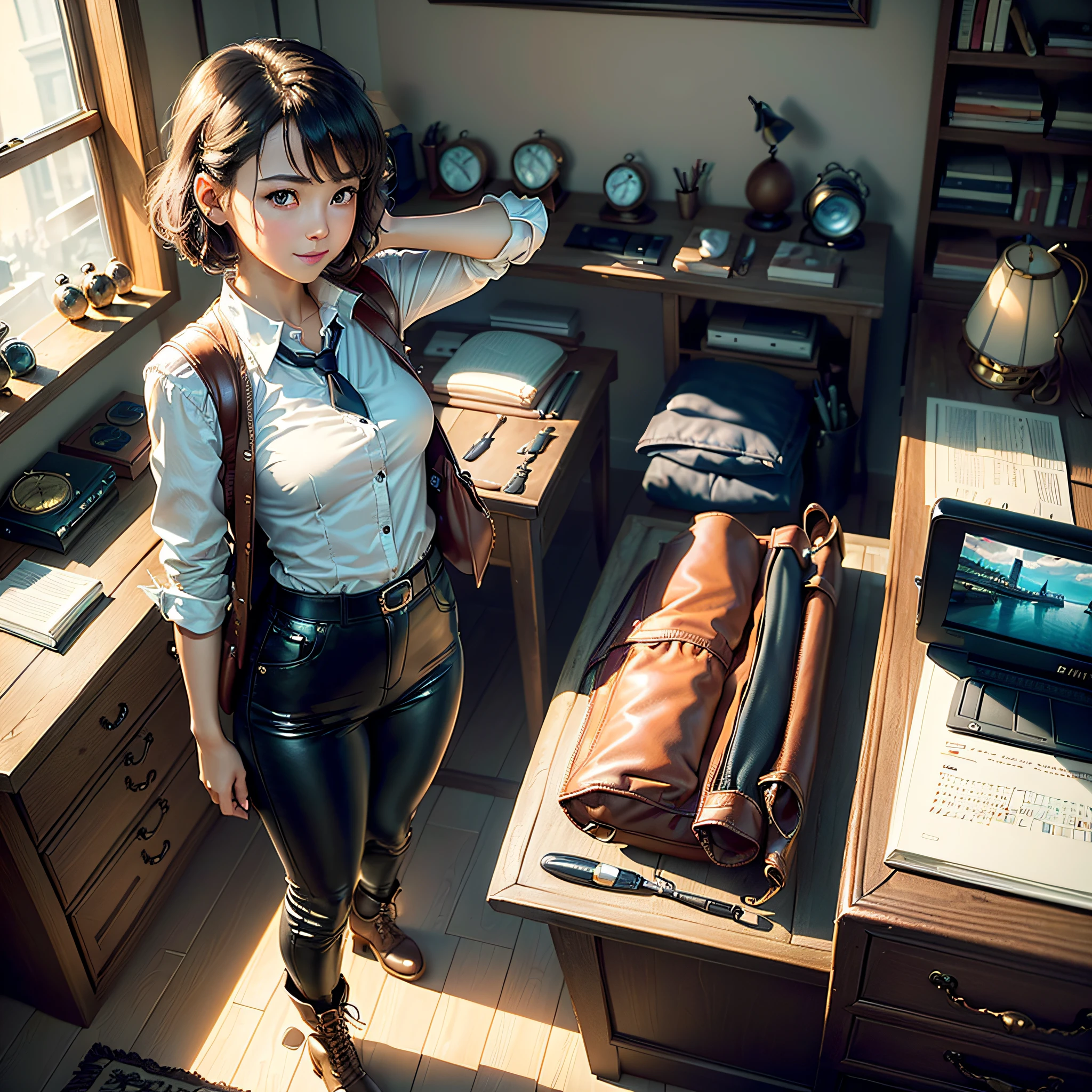 (masterpiece, highest quality, highest resolution, distinct_image, very elaborate CG, cinematic lighting, ray tracing, drop shadows, detailed detail, (photorealistic: 1.4), high quality textures, fine-grained, realistic face expression): (lone girl, face is Japan, brown short hair, hair tied back, small size breasts, sparkly eyes, eye level shots, happy smiles, beauty, slim body, holiday, own room, console games, computer, display, keyboard, mouse, long leather pants, white shirt with collar, leather vest, cardian, baseball cap, handgun holder, leather bag on back, long boots, antique radio, coffee, Model Train, Bookcase, Wooden Chair, Pot, Fan, Painting, Stuffed Animal, Tie, Notebook, Stationery, Vase, Photo Frame, Letter, Fountain Pen, Calendar, Lamp, Cushion, Basket, Profile Mirror, Candle, Newspaper, Sweets, Park View Outside the Window, Telephone, Fruit, Telescope, Retro TV)