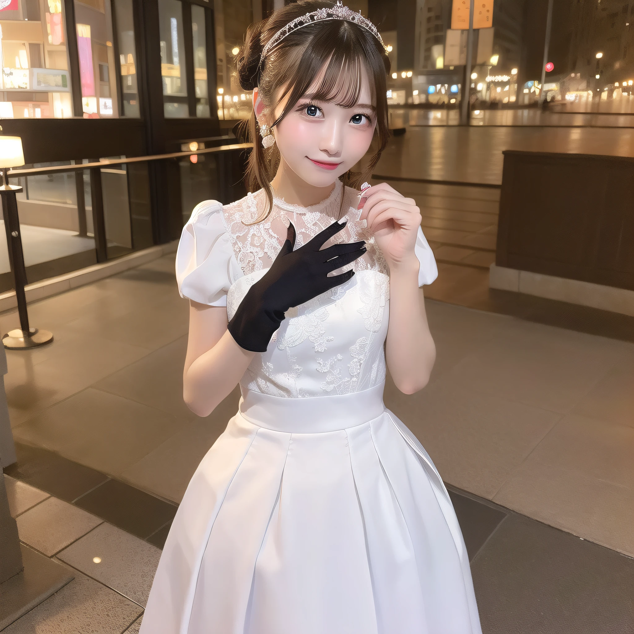 (((Masterpiece, high quality))), cute one girl, hair dress with bun hair, evening dress, gloves