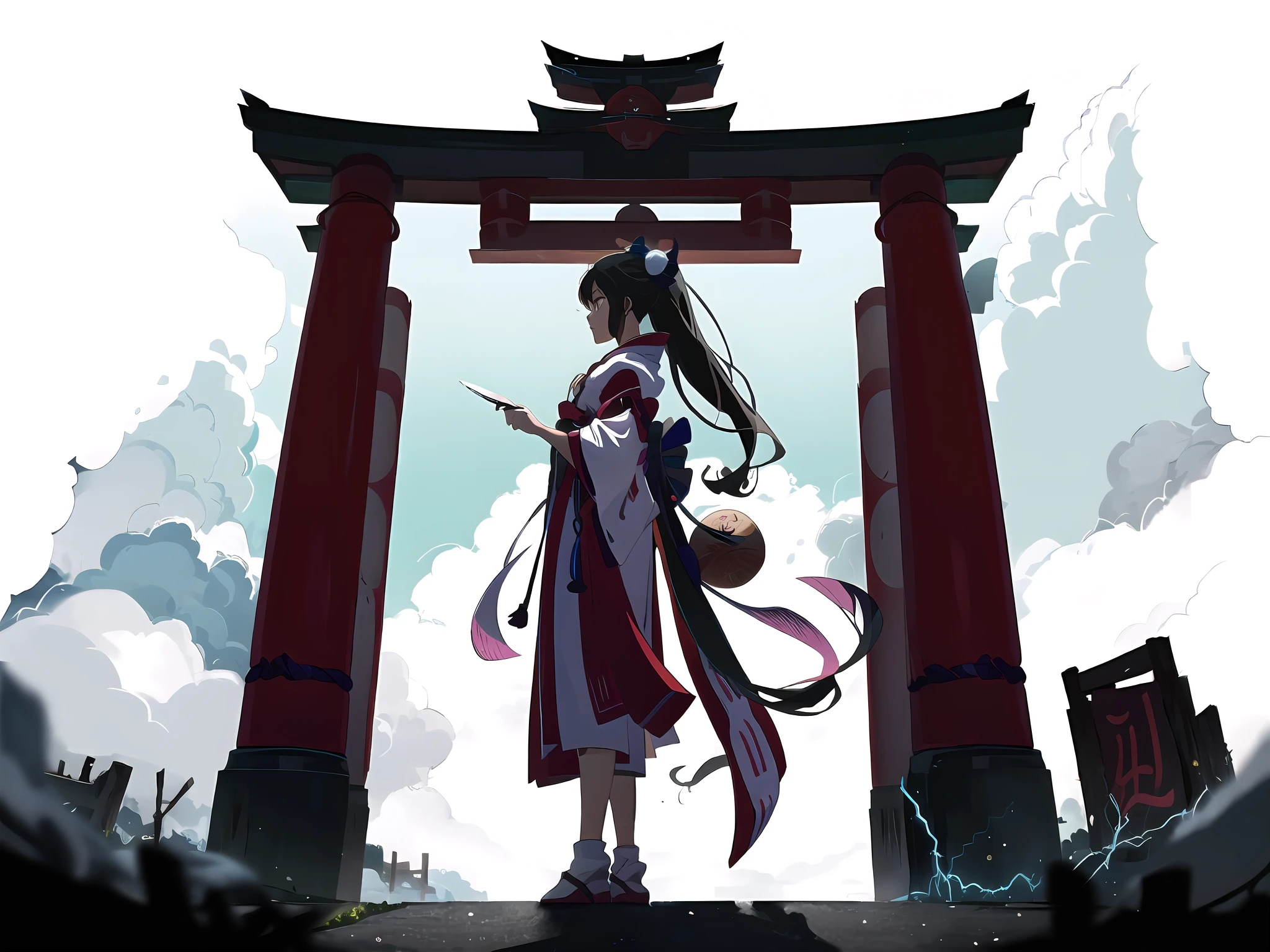 Anime, girl standing in front of the shrine in a Japanese witch kimono, with her chakra eyes open, her hair tied in a high ponytail, and a knife flashing with thunder and lightning in her hand,