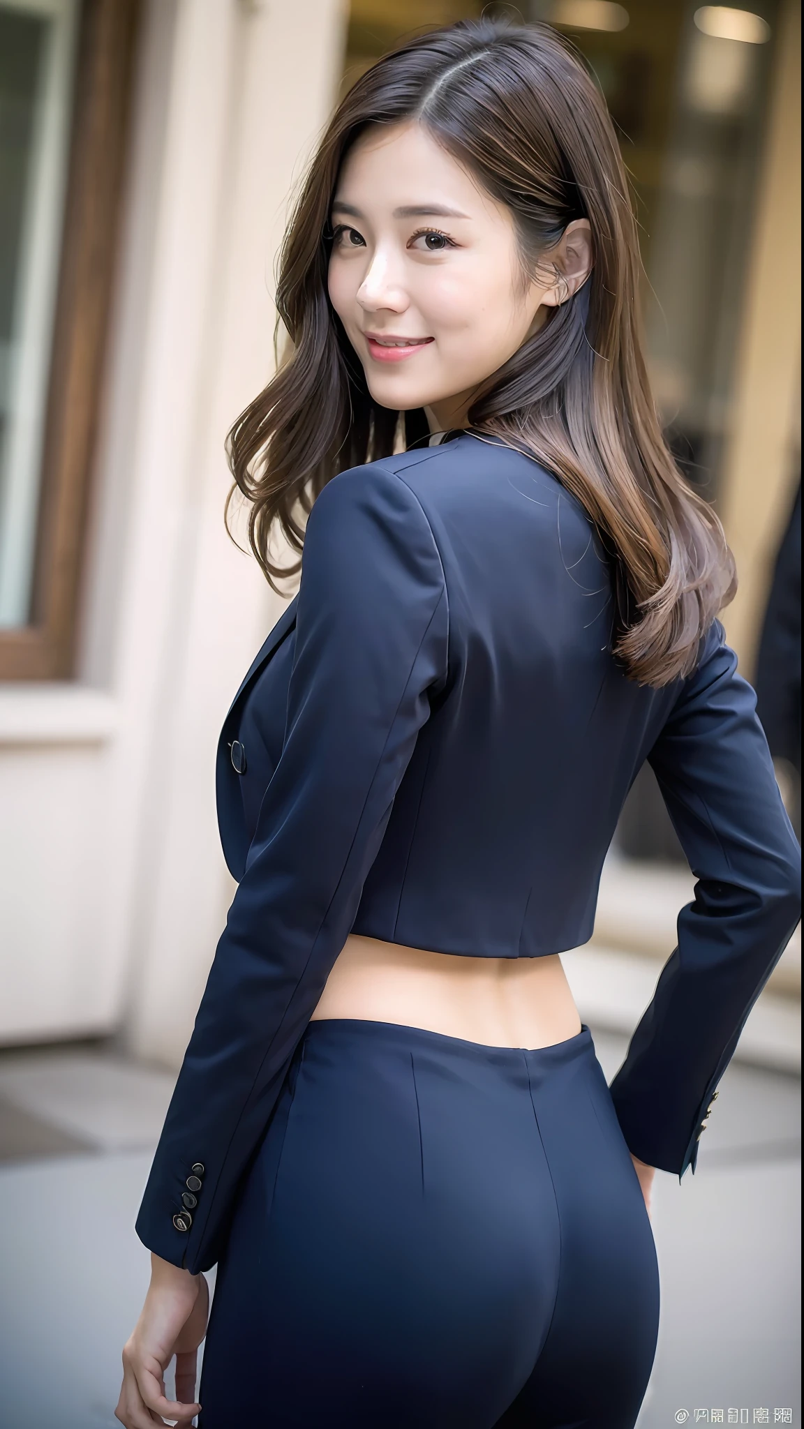 (Masterpiece:1.3), (8K, Photorealistic, RAW Photography, Best Quality: 1.4), Japan, Beautiful Face, (Realistic Face), (Medium Hair:1.3), Realistic Eyes, Beautiful Eyes, (Real Skin), Beautiful Skin, Attractive, Ultra High Definition, Ultra Realistic, High Definition, Beautiful Japan Woman, Navy Suit, Open Jacket, Office Lady, Suit, Pants, From Back, Office Street, (Protruding Buttocks: 1.2), Detailed Face, Long Hair, Loose Perm, From Bottom, Smile, panties show through,