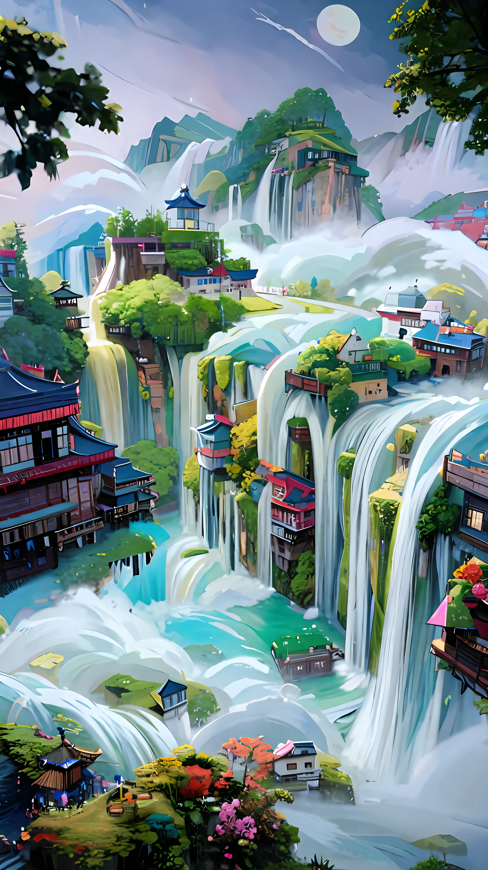 a painting of a waterfall in the middle of a mountain, floating waterfalls, multiple waterfalls, cascading waterfalls, several waterfalls, beautiful stunning waterfall, magnificent background, extraordinary colorful landscape, waterfalls in the background, stunning waterfall, an endless waterfall, with waterfalls, high waterfalls, dreamy chinese town, huge waterfalls, waterfalls, with trees and waterfalls, waterfalls and lakes