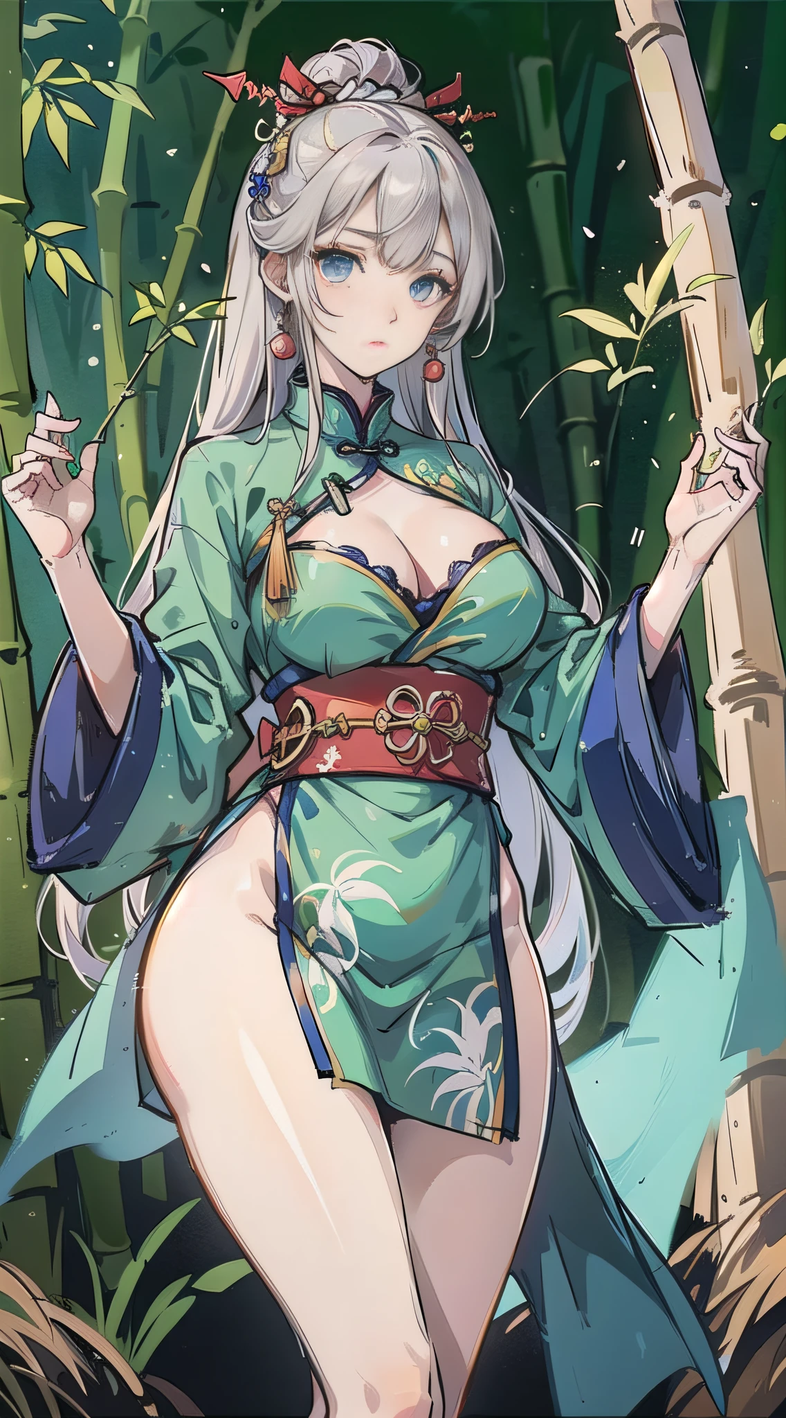 Silver hair hanging down at the waist, ice-blue eyes, delicate melon seed face, plump chest, slender legs, Chinese-style clothing, background of smoky bamboo forest --auto --s2