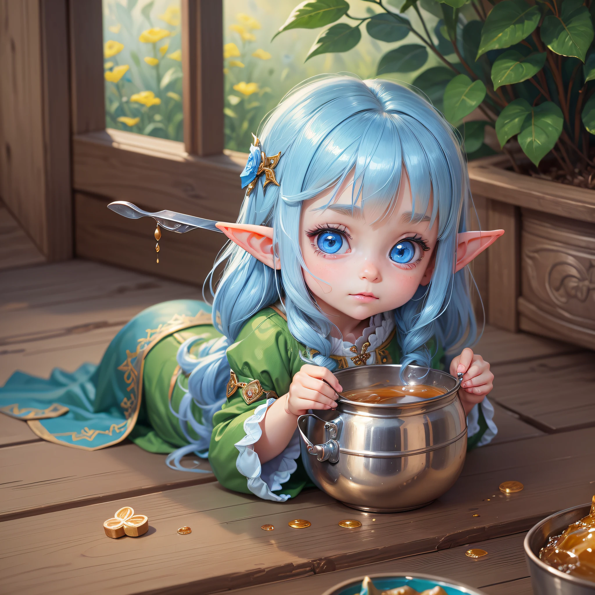A scene in medium long shot of adorable Lilly , little elf girl 6 year's old with big and sweet blue eyes, adorable digital painting, portrait of very beautiful elf, cute detailed digital art, blue elf, cute face, with a sly look and a very mischievous expression, has a pot of honey in hand --auto --s2