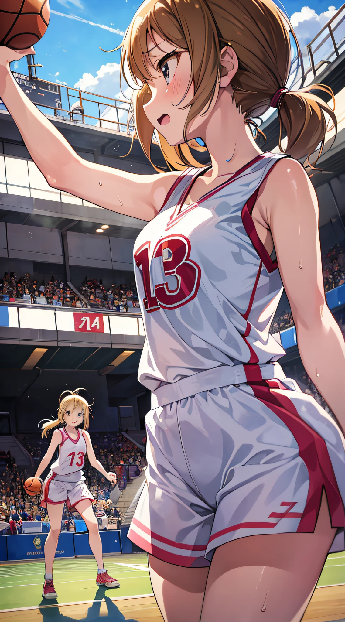 (Best Quality, Anime, Anime Art Style, Anime Screen Cap: 1.5), Yuyushiki, Girl, , Sweat, Playing Basketball, Different Angles, Different Movements, Looking Away,