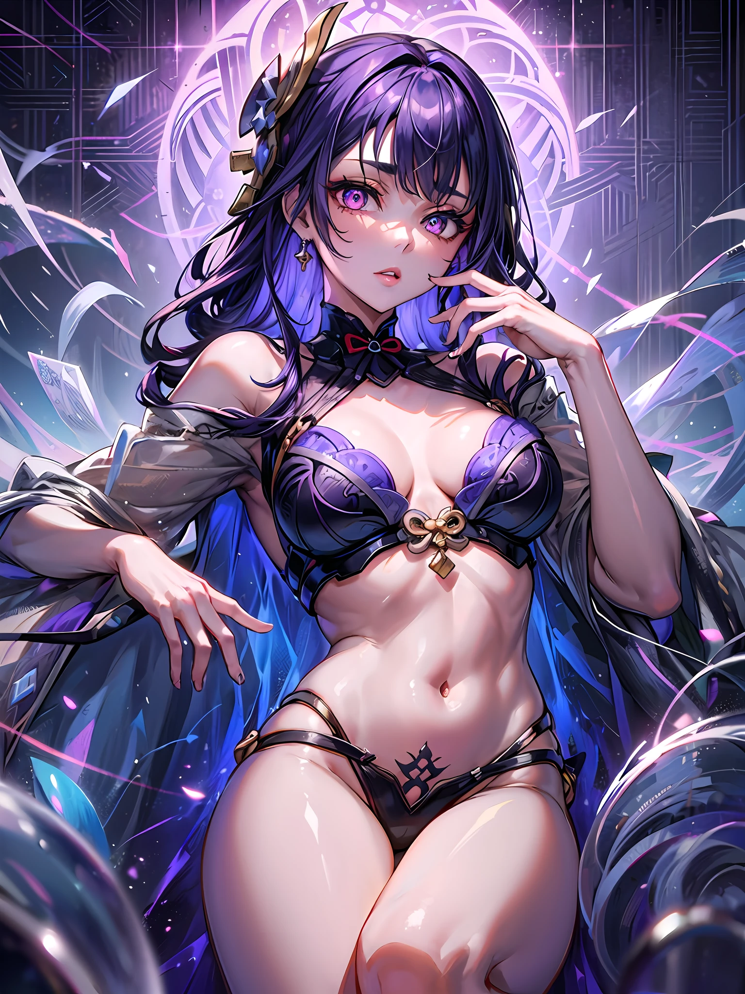 {background((unholy pattern:repetitive pattern(intricate figurative abstract background):1.3), {cowboy shot:0.7})}, BREAK ((solo)(Raiden Shogun, original outfit)): { (shiny luster pale skin:0.8, sharp and soft face:0.8), {highlighter on pupils:0.3}, {slightly plump lips:0.7, white lips:1.2, dark lips:0.45, pale lipstick:0.8, natural make-up:0.6}, {{lovely}, natural charm, gentle charm, bewitching:0.35}, deprivation:1.2, lying down}, (dimly lit, low key), (watercolor:0.3, ethereal painting:0.8), (sweetly detailed), ((best quality)), lightning aura, purple glowing eyes, dark purple hair, herrscher_of_thunder,