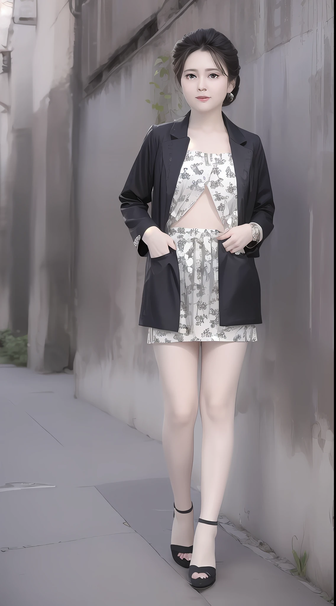 Sweet looking fat girl, long legs, height 180cm, high heels, confident, sunny, beautiful and generous, master photography composition, background blur, refreshing picture, round cute face, Alafeld woman posing for photo in short skirt and jacket, 2263539546], cute: 2, good, female model, with fashion clothing, delicate pattern, 2 D CG, simple stylization, white background: 3, (ivory black), 1285445247], Shaxi