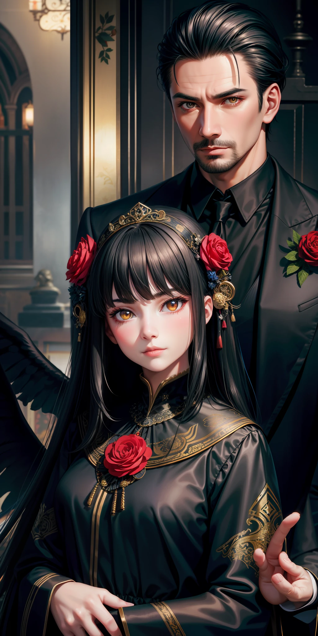 realistic, father and daughter, 1 woman ( BLACK HAIR), bright eyes, confident look, oriental, flowery dress, hidden hands, 1 man ( HAIR LOIRO), serene eye, serious look, suit, medieval, suit, hidden hands, lucifer, angel, victorian, field