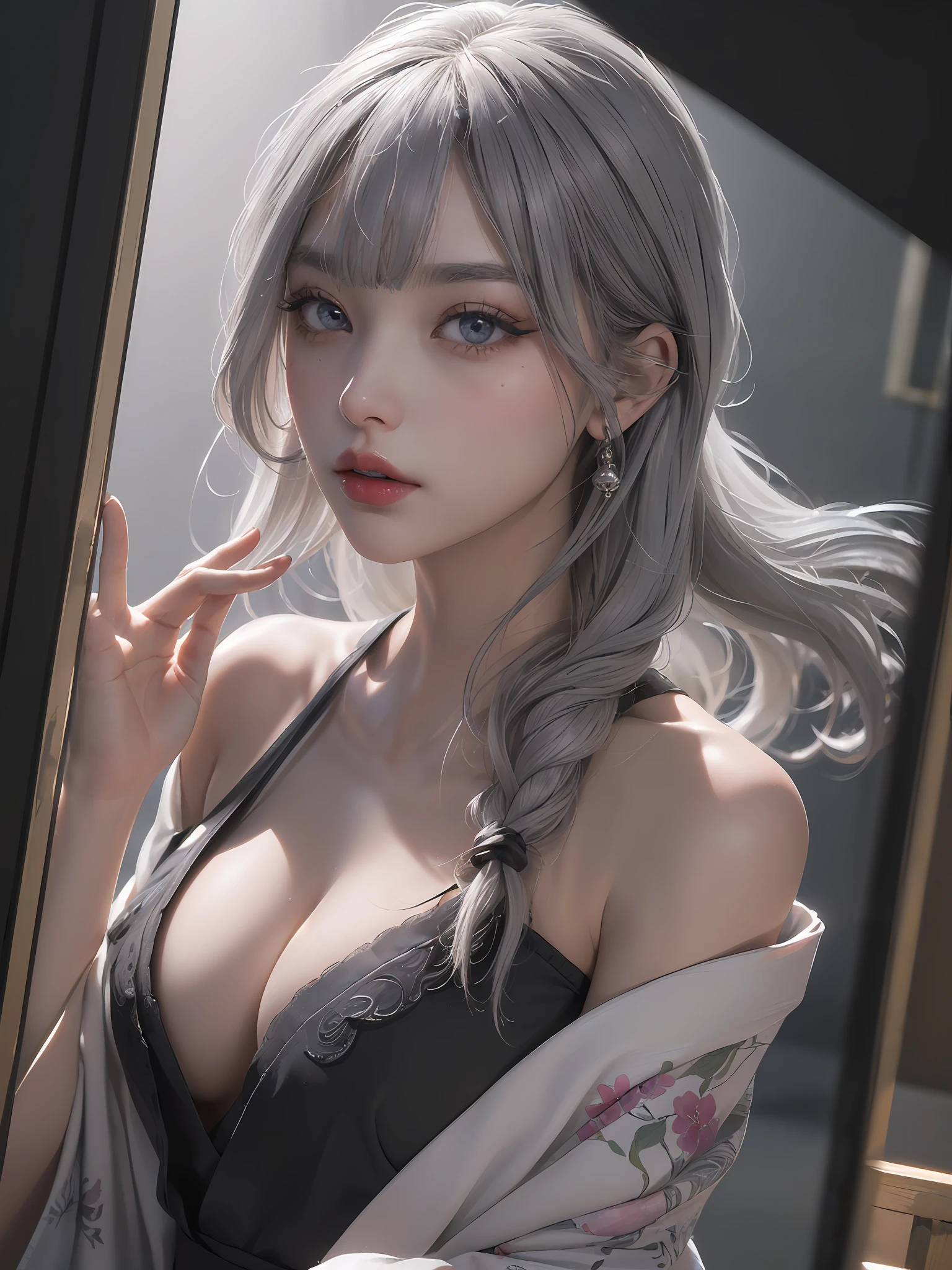 Classic, (Impasto), (Photorealistic: 1.3), (Painting), (Realistic: 1.3), (Sketch), Portrait, World Masterpiece Theater, 1 Inflatable Doll, (((long gray hair, black eyes, wide eyes, bangs, long eyelashes, lipstick: 1.3, most detailed)), (Bright eyes, eye reflection, blush: 2.5), ((Skin oil: 1.5, young skin: 1.8, Skin Reflection: 1.6, Gloss: 1.5))), (Printed Kimono, Exposed Cleavage, Exposed Shoulders, Side Shot, Upper Body Close-Up, Look Into Camera), ((Medium Chest): 1.2, Thigh Exposed), Solo Focus, Space Background, Background Blur