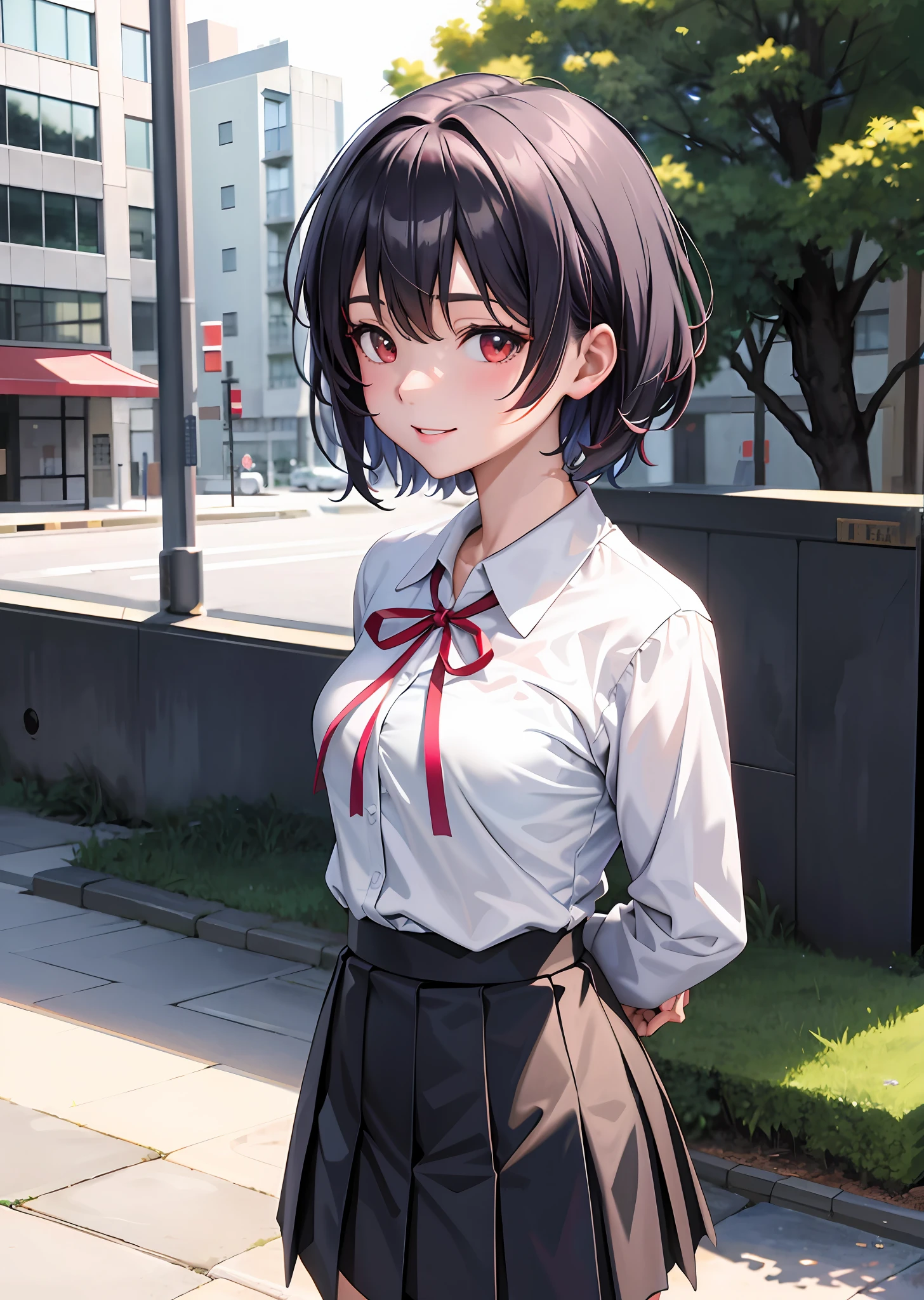 masterpiece, best quality, 1girl, ayanamirei, tokyo-3_middle_school_uniform, red ribbon, school_uniform, black socks, looking at viewer, light smile, city park, upper body, arms_behind_back