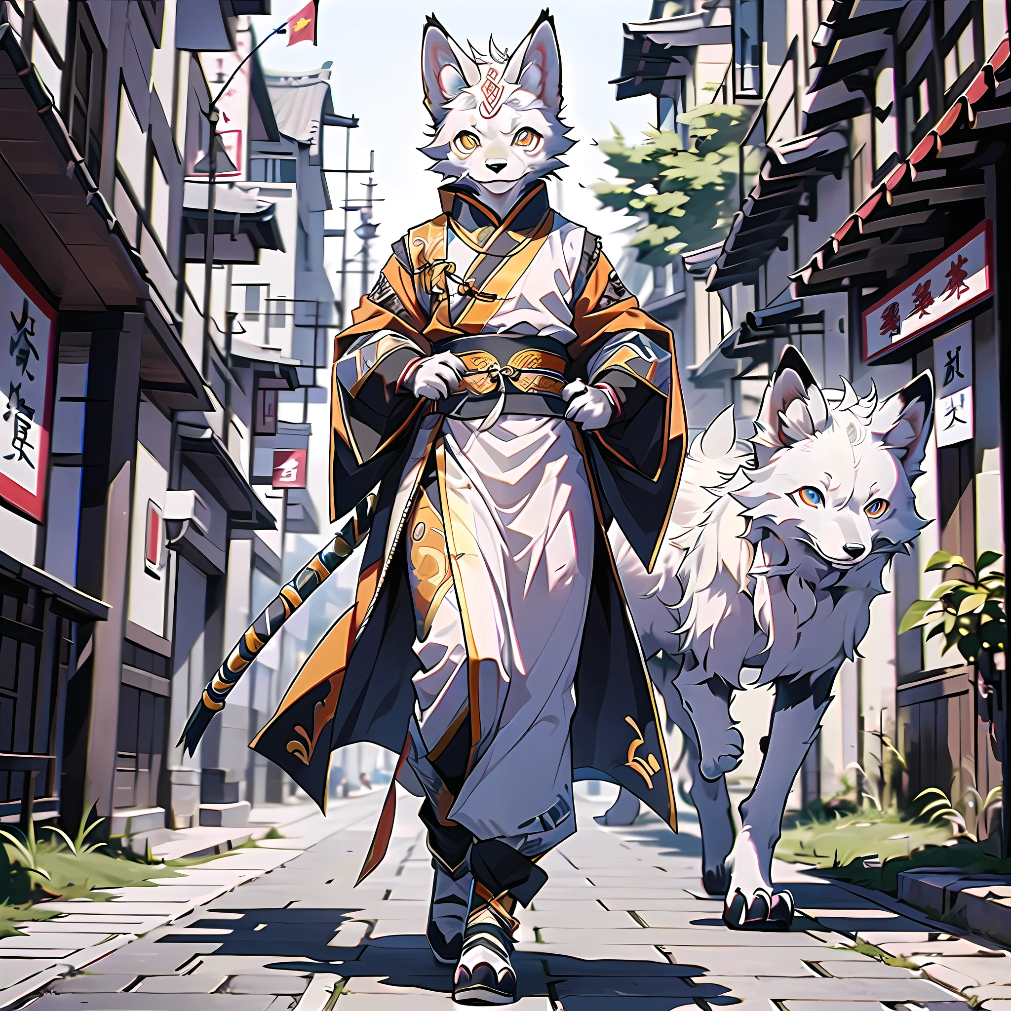 Best Quality), (Masterpiece), (((Single))), (Ultra Detailed), (Furry), Full Body Furry, Furry, (Male Arctic Fox: 1.5), (Gray Skin: 1.3), (Gray Fur: 1.3), Character Focus, (Golden Eyes), ((Canine Paws)), ((Detailed People)), (Gray Ears), Sharp Focus, (Furry Feeling of Animal Ears), Chinese Wuxia, ((Wuxia)), ((Chinese Style)), Chinese Wuxia Costume, On the streets of ancient China