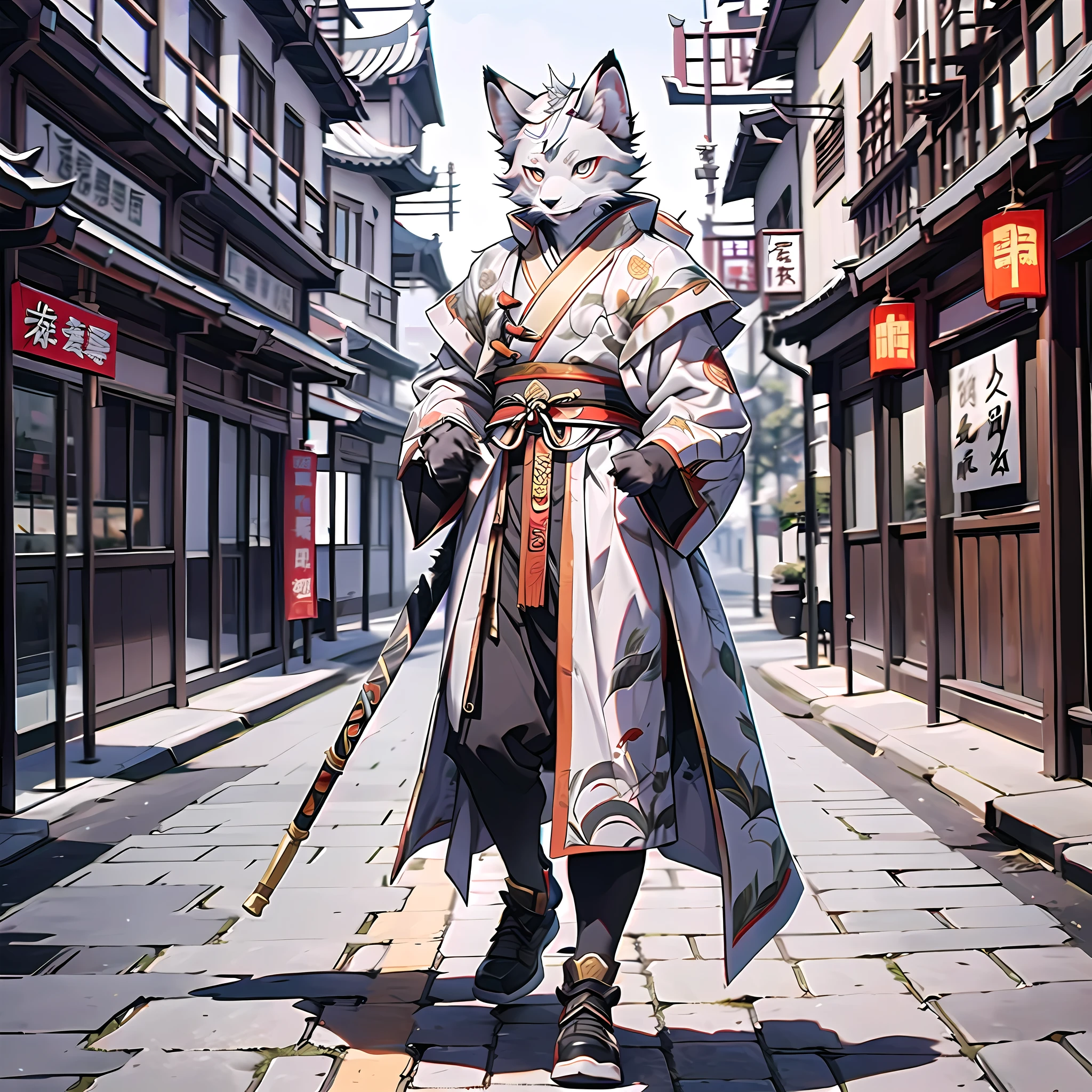 Best Quality), (Masterpiece), (((Single))), (Ultra Detailed), (Furry), Full Body Furry, Furry, (Male Arctic Fox: 1.5), (Gray Skin: 1.3), (Gray Fur: 1.3), Character Focus, (Golden Eyes), ((Canine Paws)), ((Detailed People)), (Gray Ears), Sharp Focus, (Furry Feeling of Animal Ears), Chinese Wuxia, ((Wuxia)), ((Chinese Style)), Chinese Wuxia Costume, On the streets of ancient China