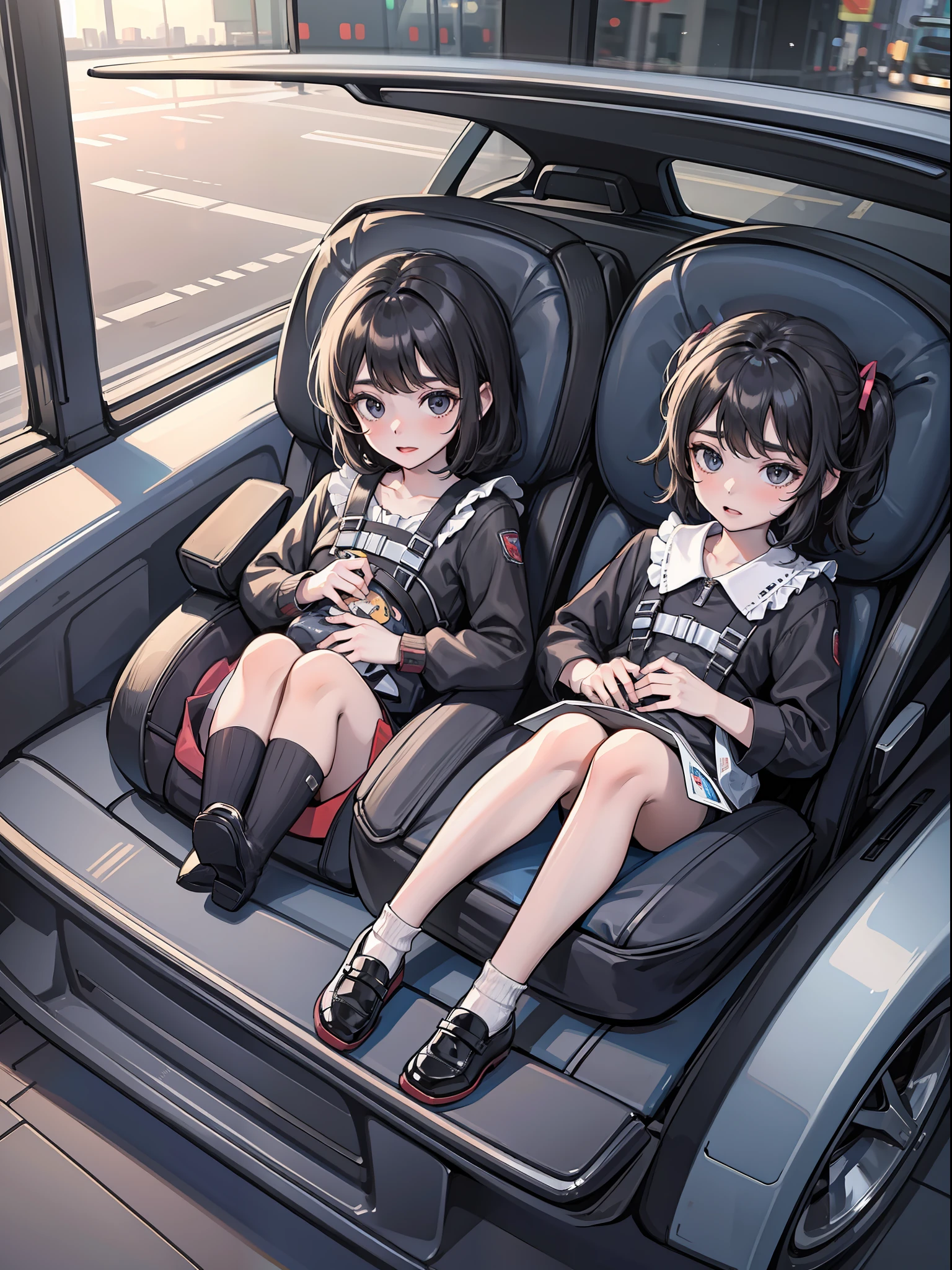 Black sedan with two-month-old triplets in the back, car seat