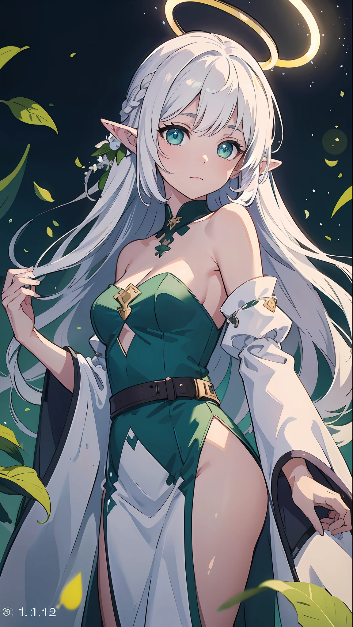 masterpiece, superb painting, illustration, 1 girl, cute, (dynamic light: 1.2), cinematic light, delicate facial features, (beautiful eyes: 1.2), (bright green eyes: 1.233), waterfall braid, extra long white hair, elf ears, depth of field, background bokeh, clear focus, (super detailed, halo, glow: 1.4), long white hair, beautiful girly face, fair, medium, (bare shoulders: 1.1), (nude: 1.1), dress, trimmed white, delicate gorgeous, (slit sleeves, wide sleeves), leafy green hairpin