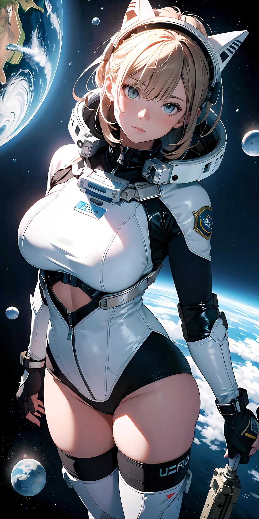 Absurd resolution, high resolution, (masterpiece:1.4), ultra-detailed, 1girl, in spacesuit and seen from above, space, floating, wide-angle lens distortion