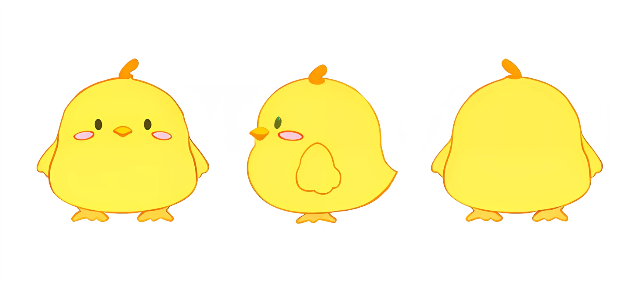 three yellow chicks are standing in a row and one is looking at the camera, chickens, anthropomorphized chicken, with chicks, 🐿🍸🍋, cute:2, cocky expression, merged character, style of cute pokemon, poyo, birb, loony tunes style, smol, cute characters, illustration of a duck, mika pikazo