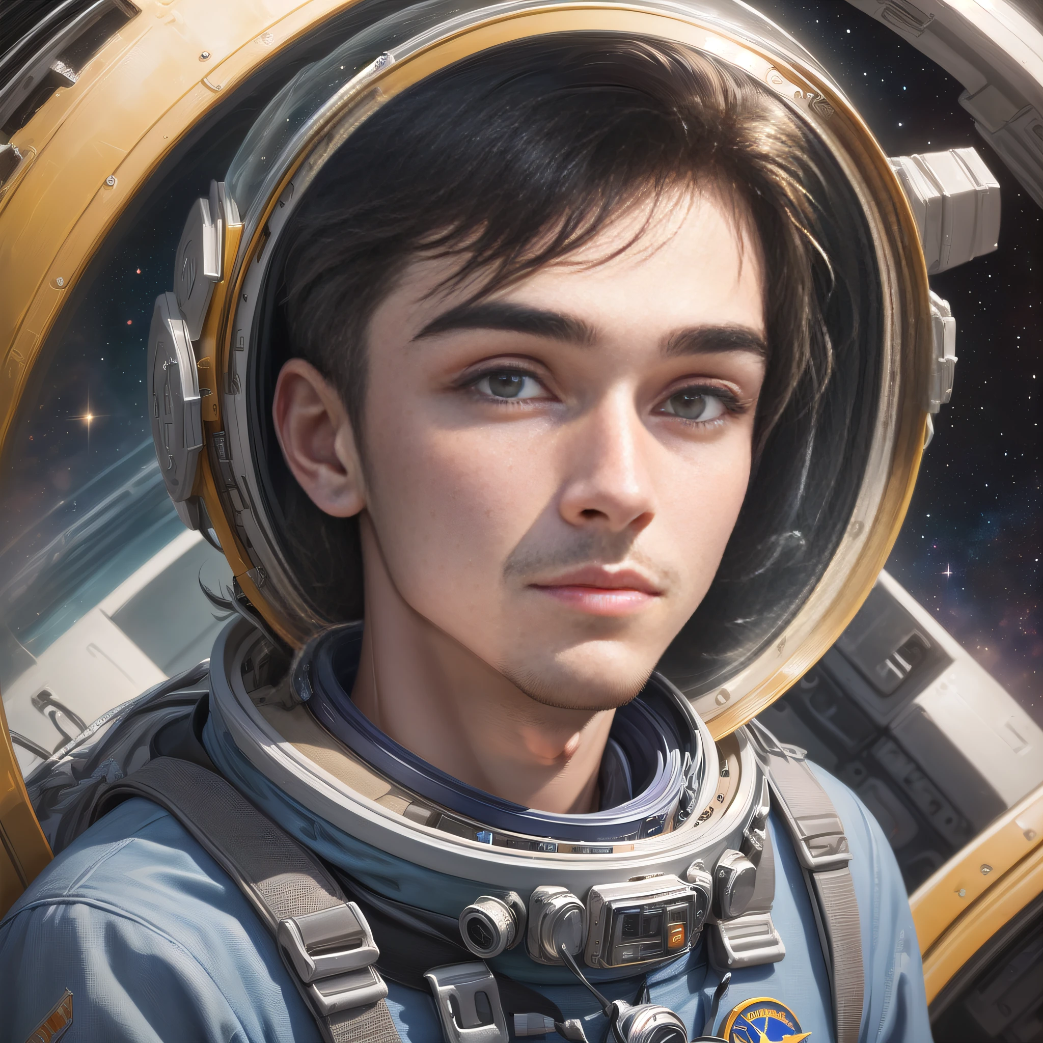 masterpiece, best quality, realistic, ultra detailed, sfw, head shot, a portrait of a fit wtite young man wearing space helmet,