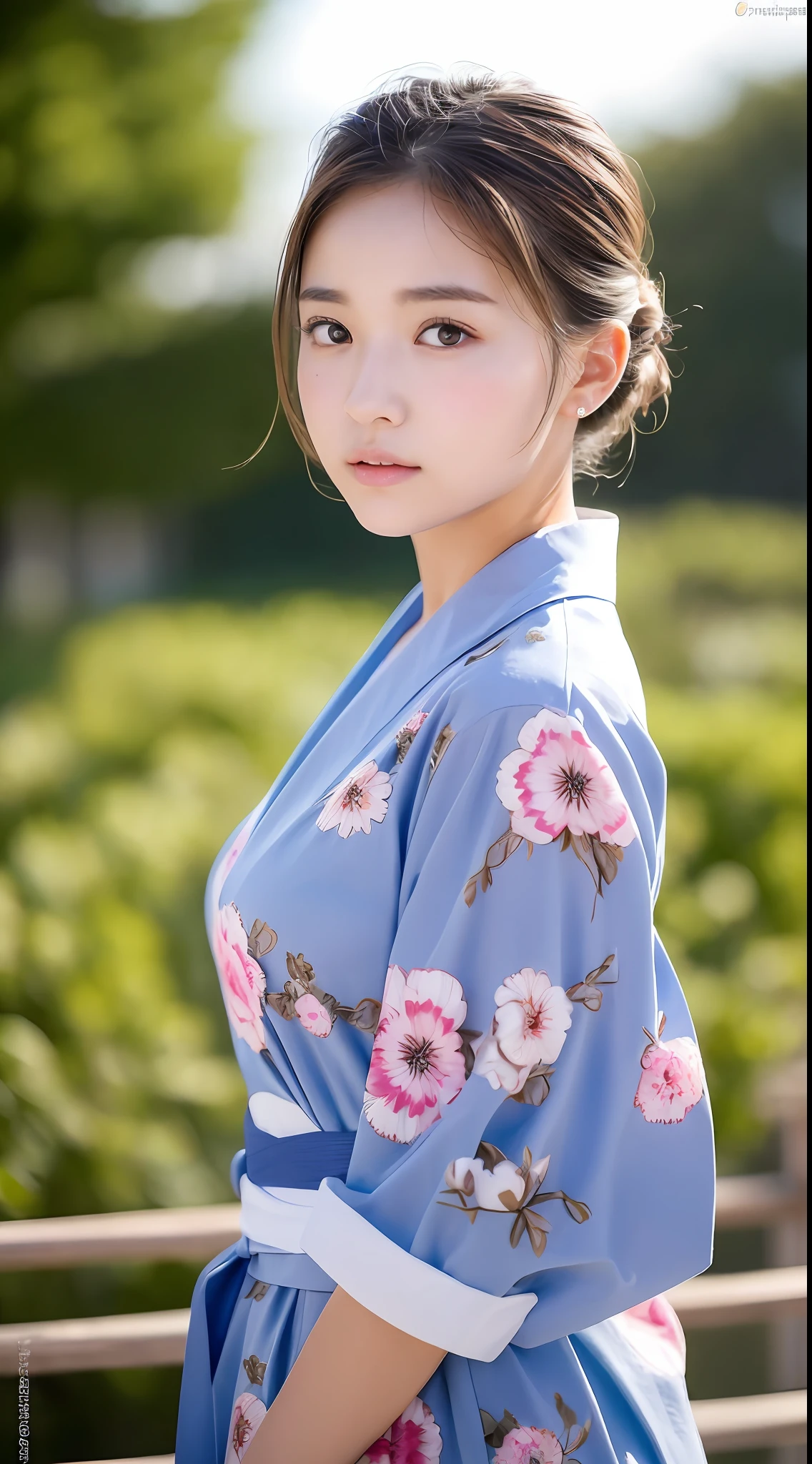 Top quality, realistic, perfect human body structure, very detailed, very delicate and beautiful, RAW photo, night fireworks display, yukata figure, professional lighting, face lighting, depth of field, single focal, pull photo, 13 year old woman, brown hair, brown eyes, small head, ((big)), baby face, fashion girl, beautiful eyes, real face, real skin, realistic face, realistic skin, detailed eyes, (half updo: 1.3), Sexy pose, viewer, looking at detailed face and breasts, middle school student