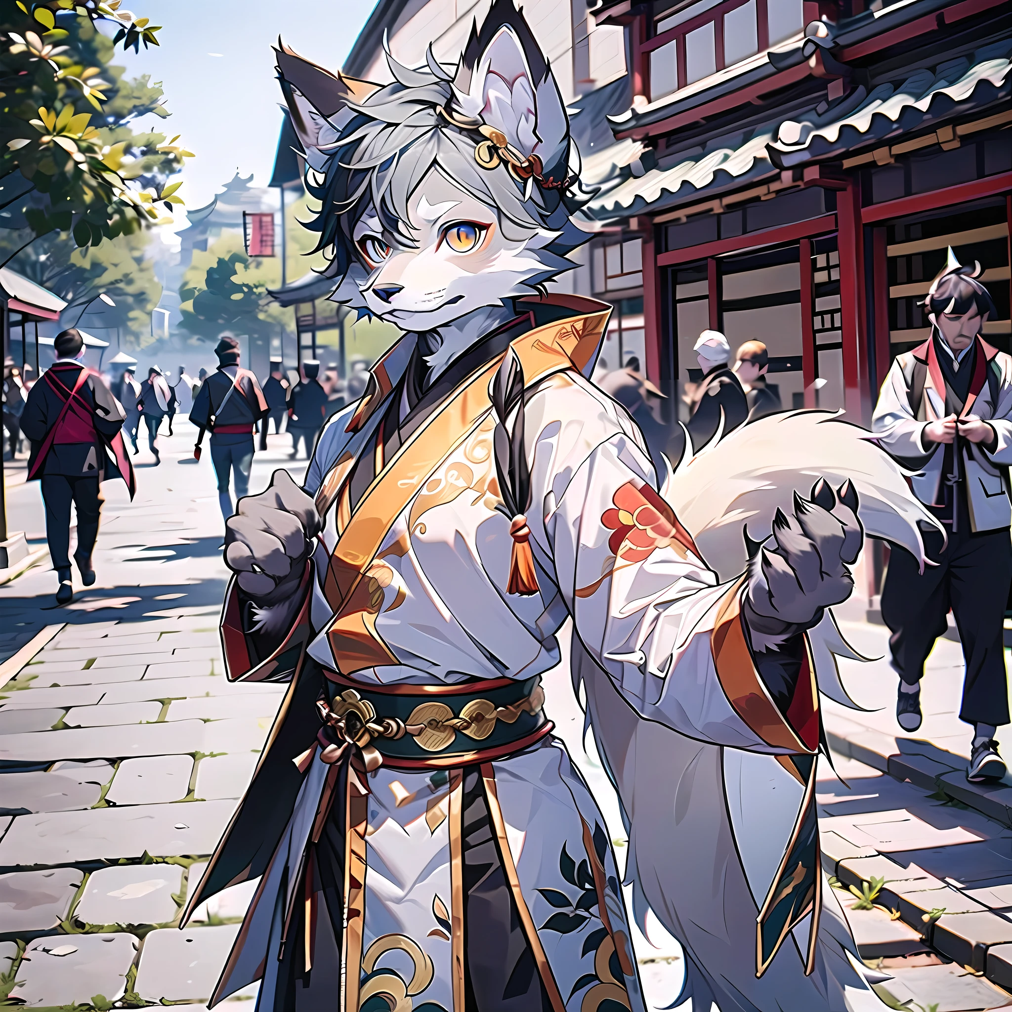 Best Quality), (Masterpiece), (((Single))), (Ultra Detailed), (Furry), Full Body Furry, Furry, (Male Arctic Fox: 1.5), (Gray Skin: 1.3), (Gray Fur: 1.3), Character Focus, (Golden Eyes), ((Canine Paws)), ((Detailed People)), (Gray Ears), Sharp Focus, (Furry Feeling of Animal Ears), Chinese Wuxia, ((Wuxia)), ((Chinese Style)), Chinese Wuxia Costume, On the streets of ancient China