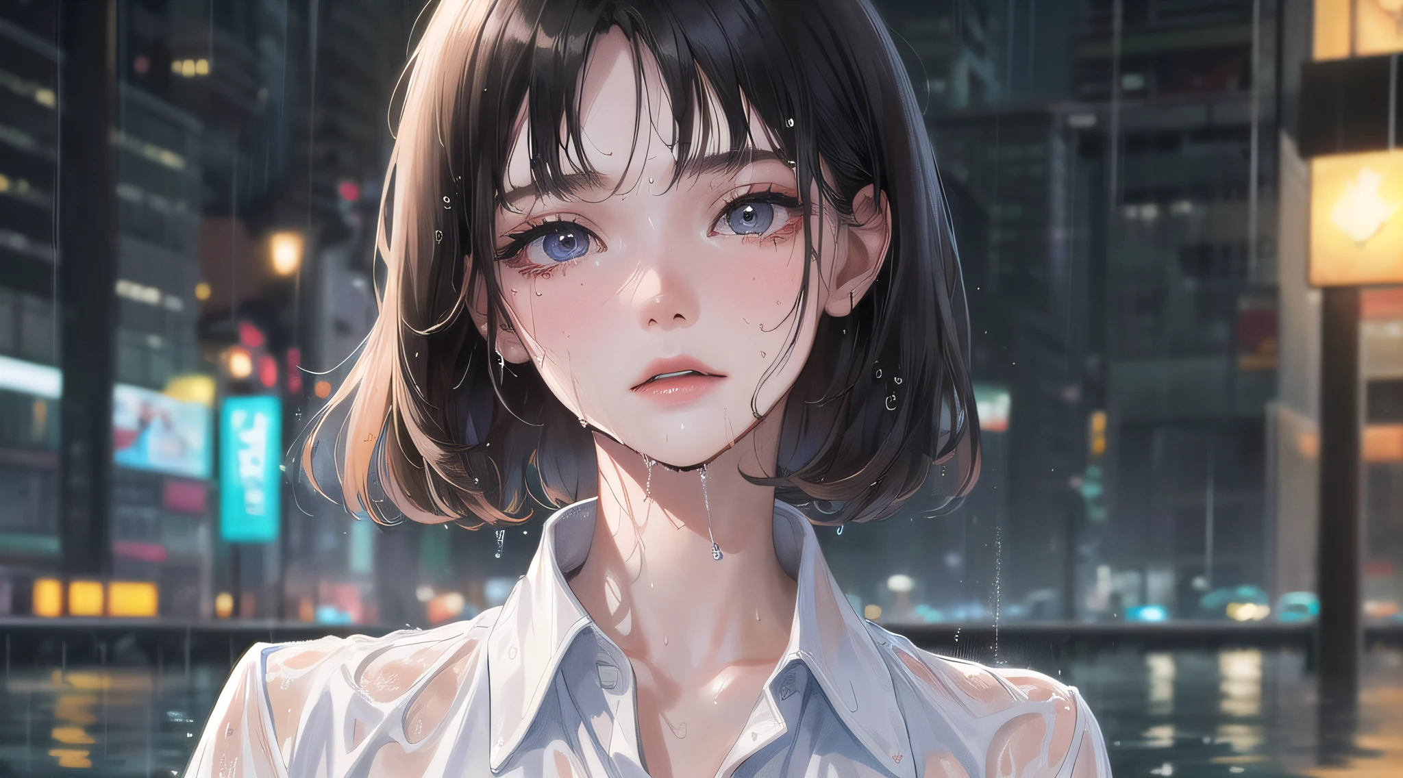 (highest resolution, distinct_image) Best quality, (((1 woman))), masterpiece, very detailed, night cityscape, semi-realistic, wet black hair, wet short hair, expressionless, bangs, strong rain, 21 years old, mature, young, wet white shirt, outdoor, delicate facial features, facial features, mid-shot,