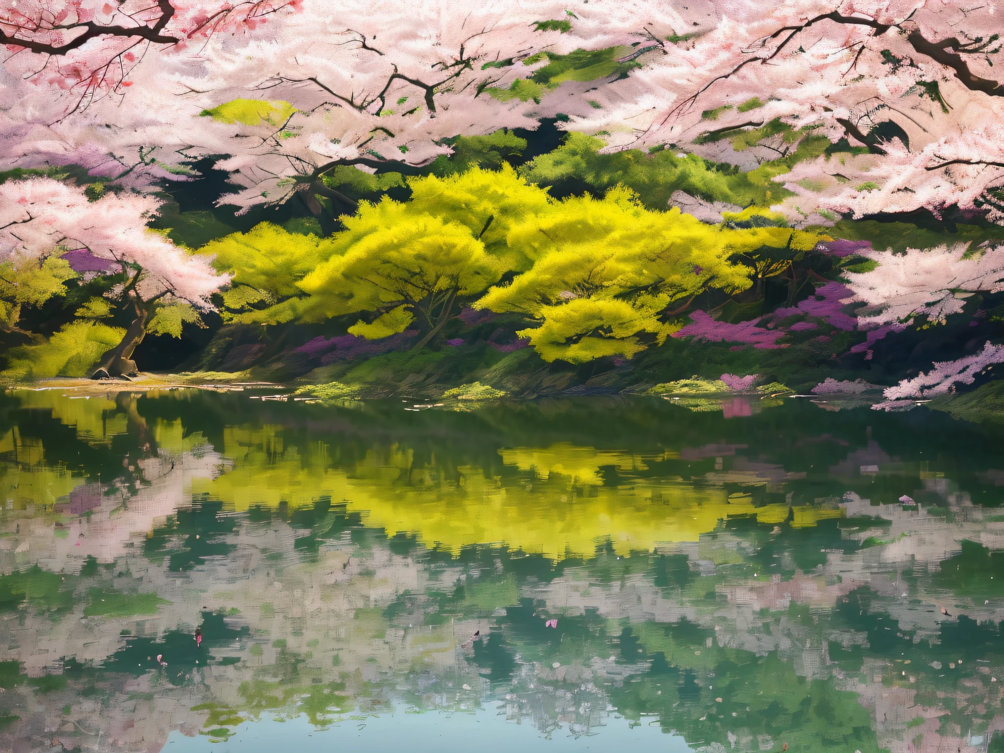 A colorful and vibrant landscape painting showing the beauty of West Lake in spring. The water surface is calm, reflecting the surrounding trees, flowers and plants into a mirror. The chirping of birds adds to the lively atmosphere of the scene. The trees bloom with pink and white cherry blossoms, which contrast with the greenery. The atmosphere is joyful and festive, reminiscent of the famous poem "West Lake and Spring Gala, water trees and warblers". Created using traditional Chinese ink painting or watercolor techniques, it focuses on capturing the vibrant colors and natural beauty of the scene. --ar 16:9 --v 4