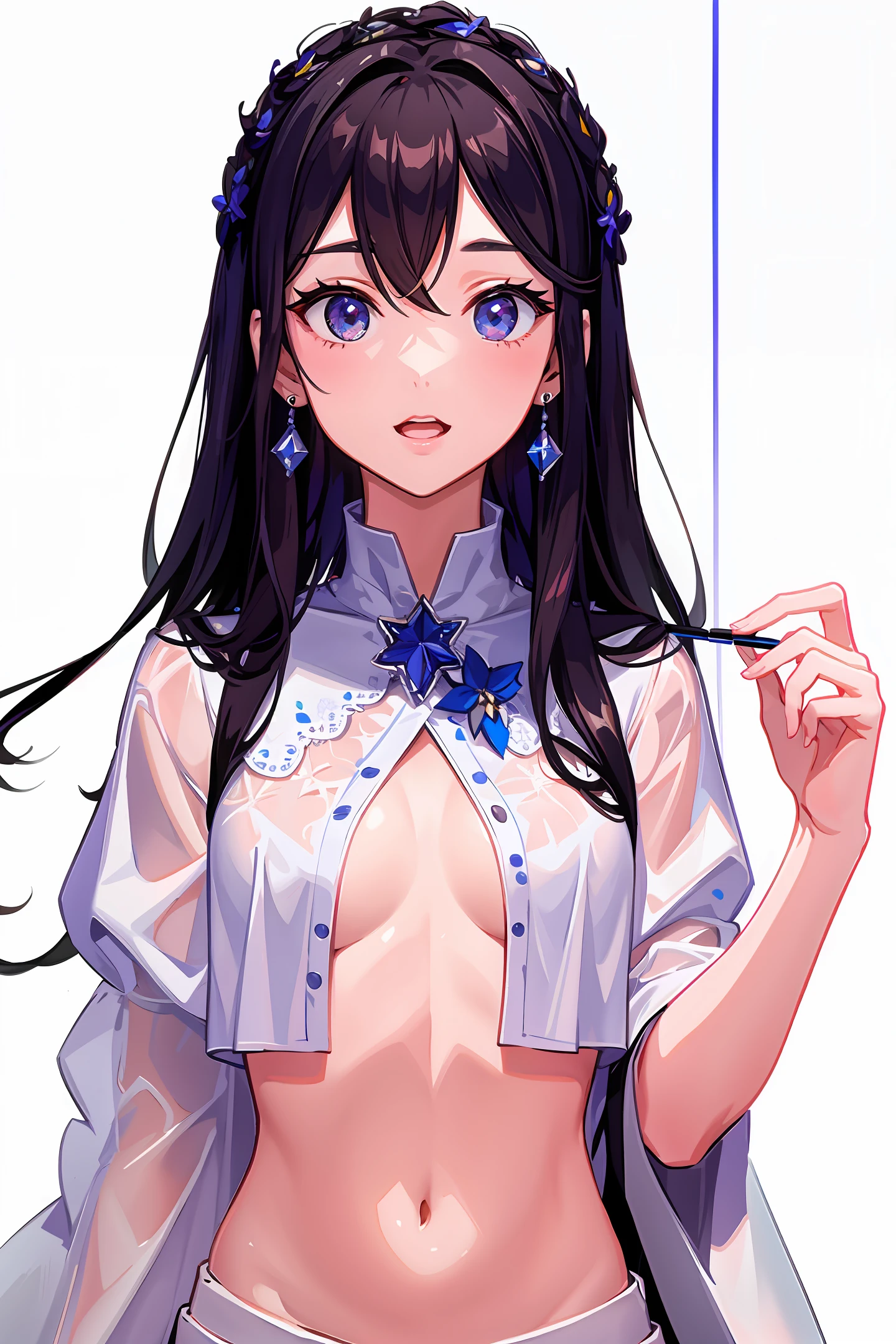 Black hair double ponytail girl, exposed chest, five fingers, melon seed face,