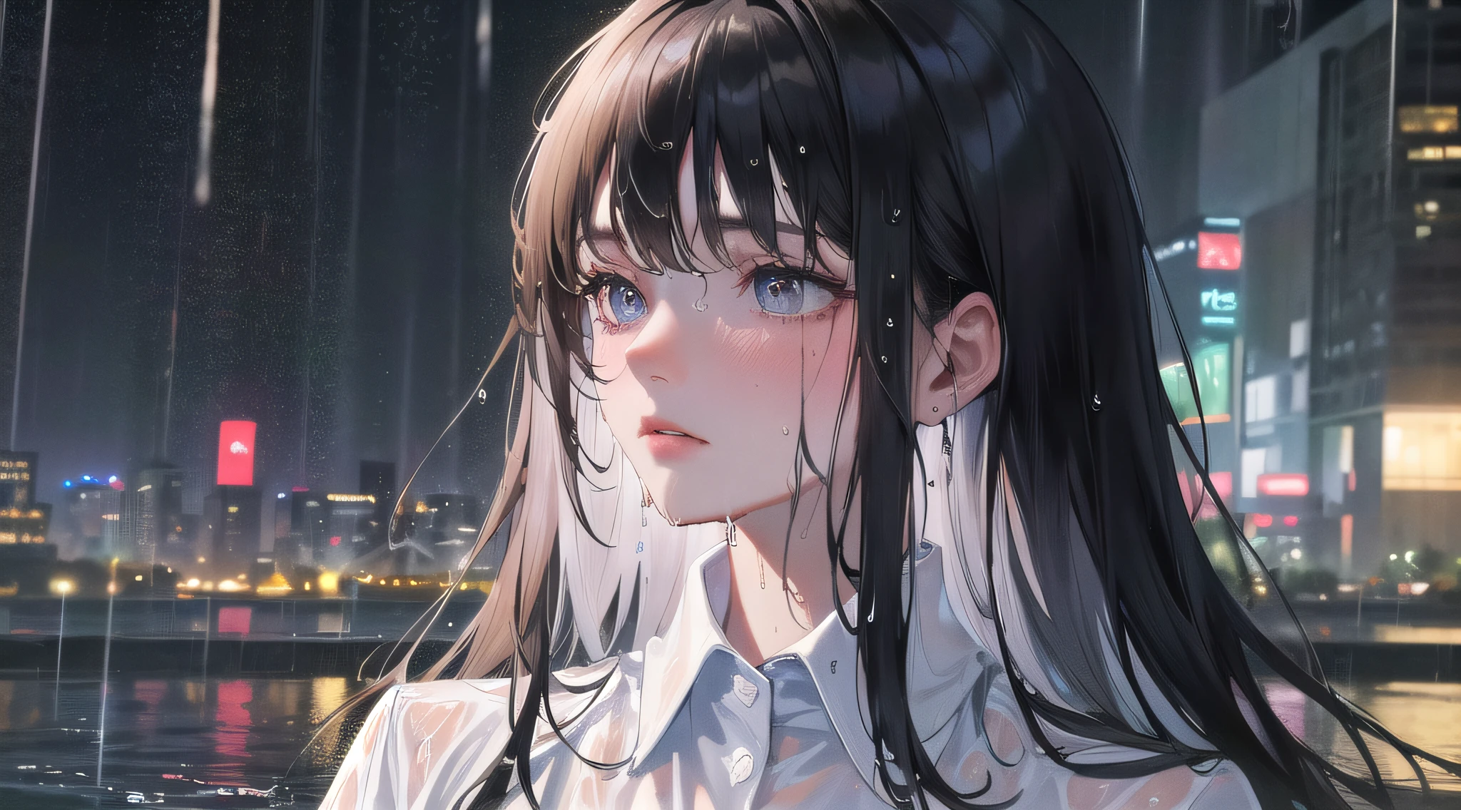 (maximum resolution, distinct_image) Best quality, (((1 woman))), masterpiece, very detailed, night cityscape, semi-realistic, wet black hair, wet straight hair, expressionless, bangs, strong rain, 21 years old, mature, young, wet white shirt, outdoors, delicate facial features, facial features, mid-shot,