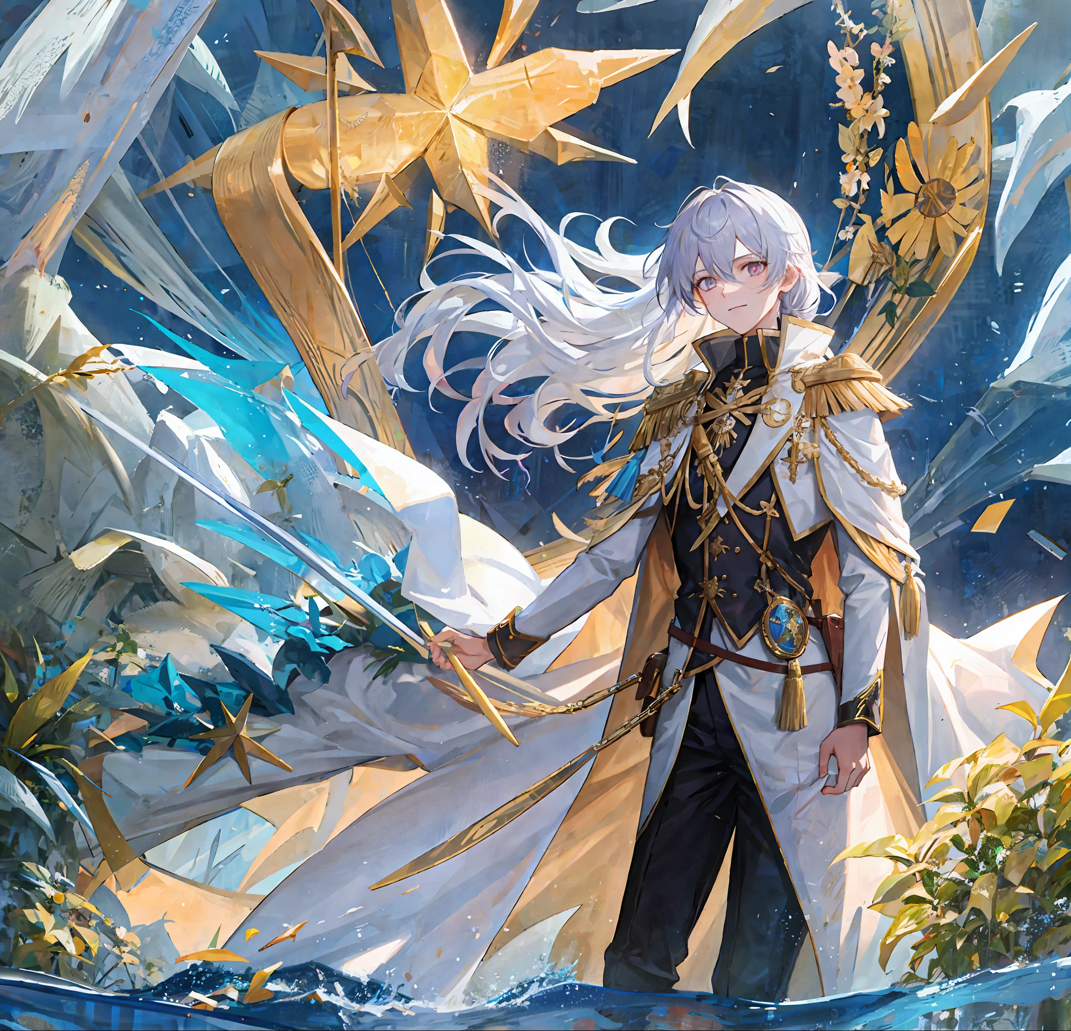 A -yeld boith long white hair, a pair of golden pupils, dressed in a lilac dress, and a golden cloak on the outside, is a domineering president Behind him is a sunset that is about to set, and with a wave of his right hand, the cloak is lifted