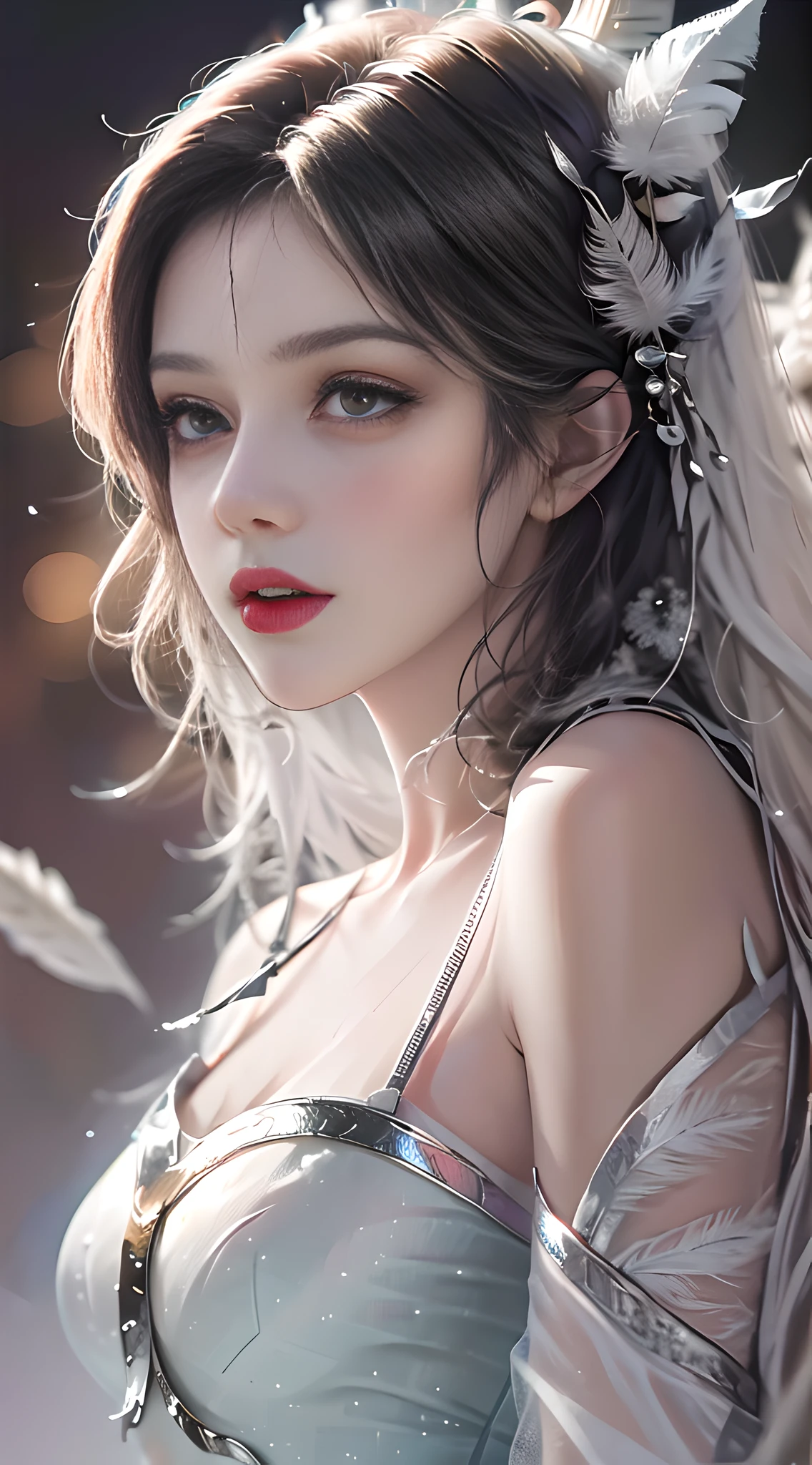"Fashi-girl, seven-doppelganger lens, (feather dress: 1.2), delicate red lips, mature woman, realistic and elegant makeup, surrealism, high detail, supremacy, cinematic lighting, vivid and realistic ray tracing and shadow effects, UHD HD, accurate representation of skin texture, high-quality work with super detail, award-winning and best quality high-resolution photos, including 1080P, 16k, 8k, and 4K HD images."