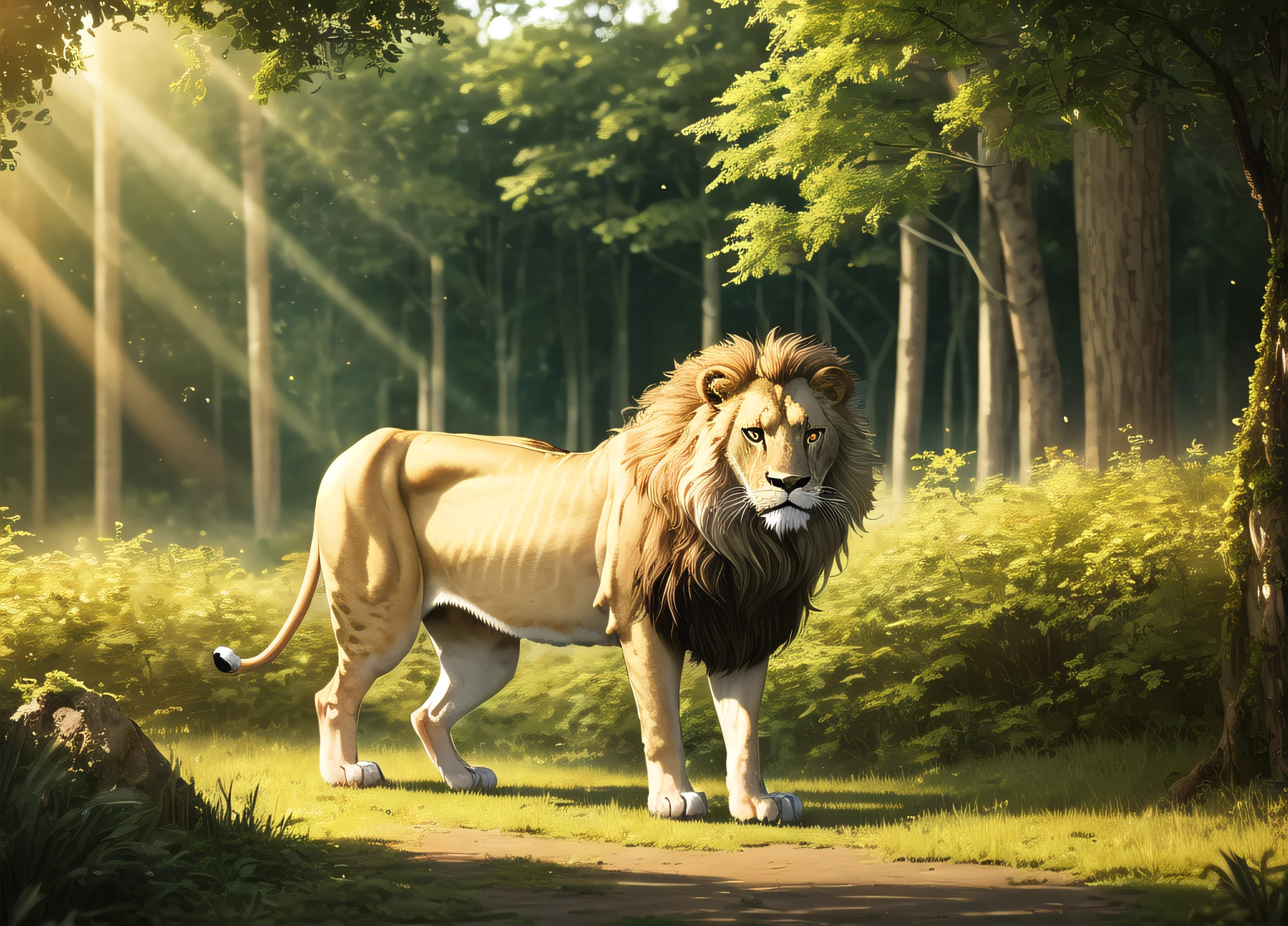 1 lion, turning around, (majestic mane), (lush jungle), (golden light).