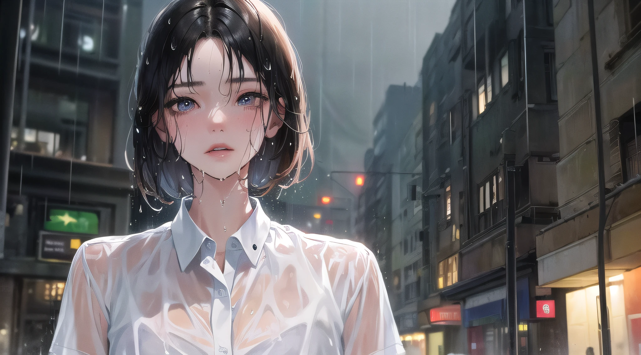 (highest resolution, distinct_image) Best quality, (((1 woman))), masterpiece, very detailed, night cityscape, semi-realistic, wet black hair, wet short hair, expressionless, bangs, strong rain, 21 years old, mature, young, wet white shirt, outdoor, delicate facial features, facial features, mid-shot,